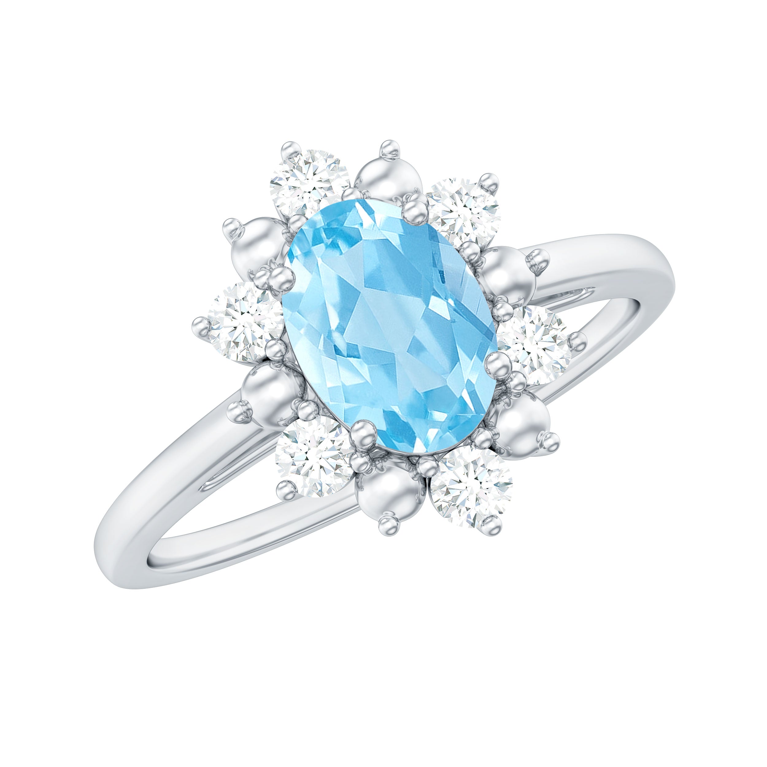 Real Aquamarine Oblong Engagement Ring with Diamond Halo