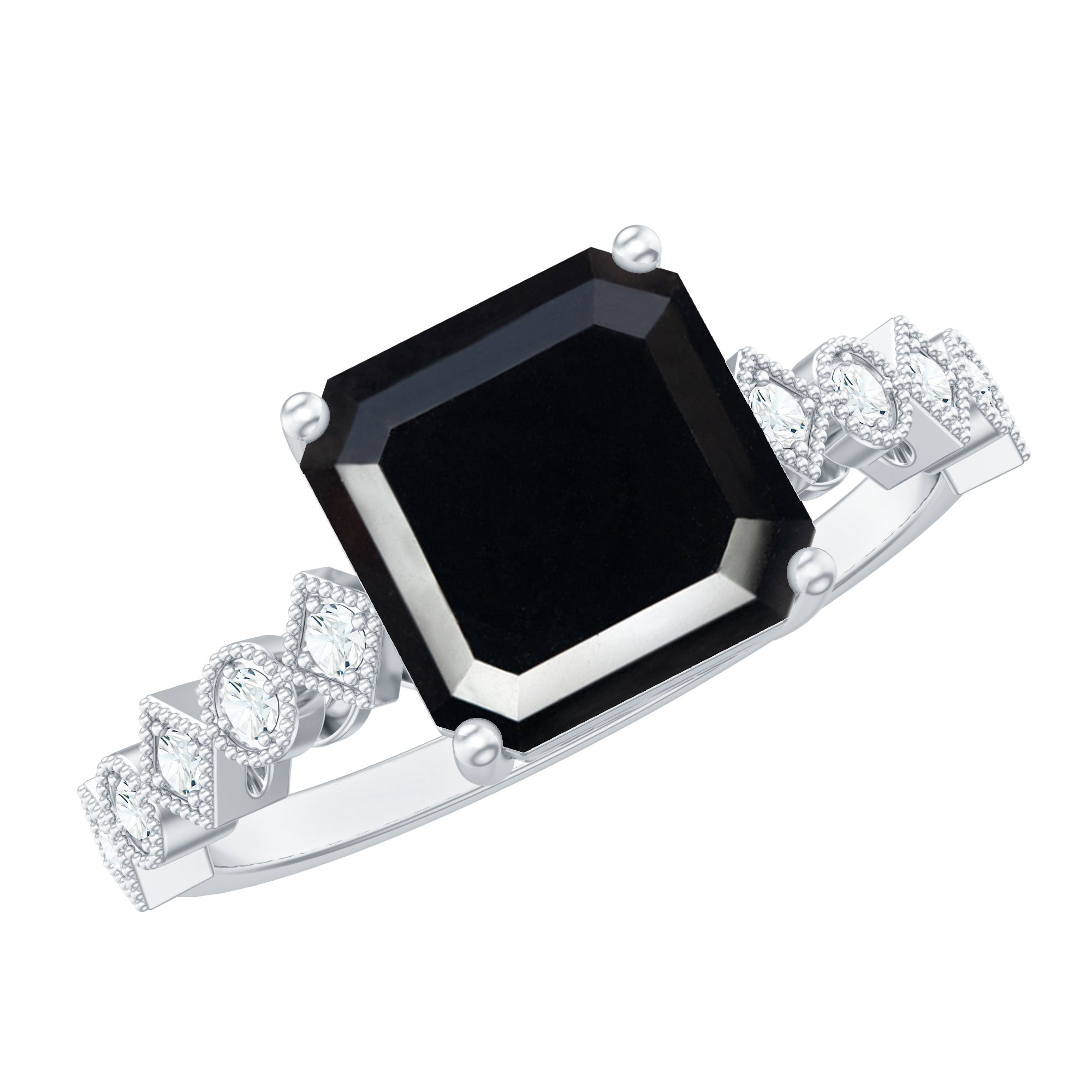 Genuine Black Onyx 8mm Asscher Cut Engagement Ring with Diamond