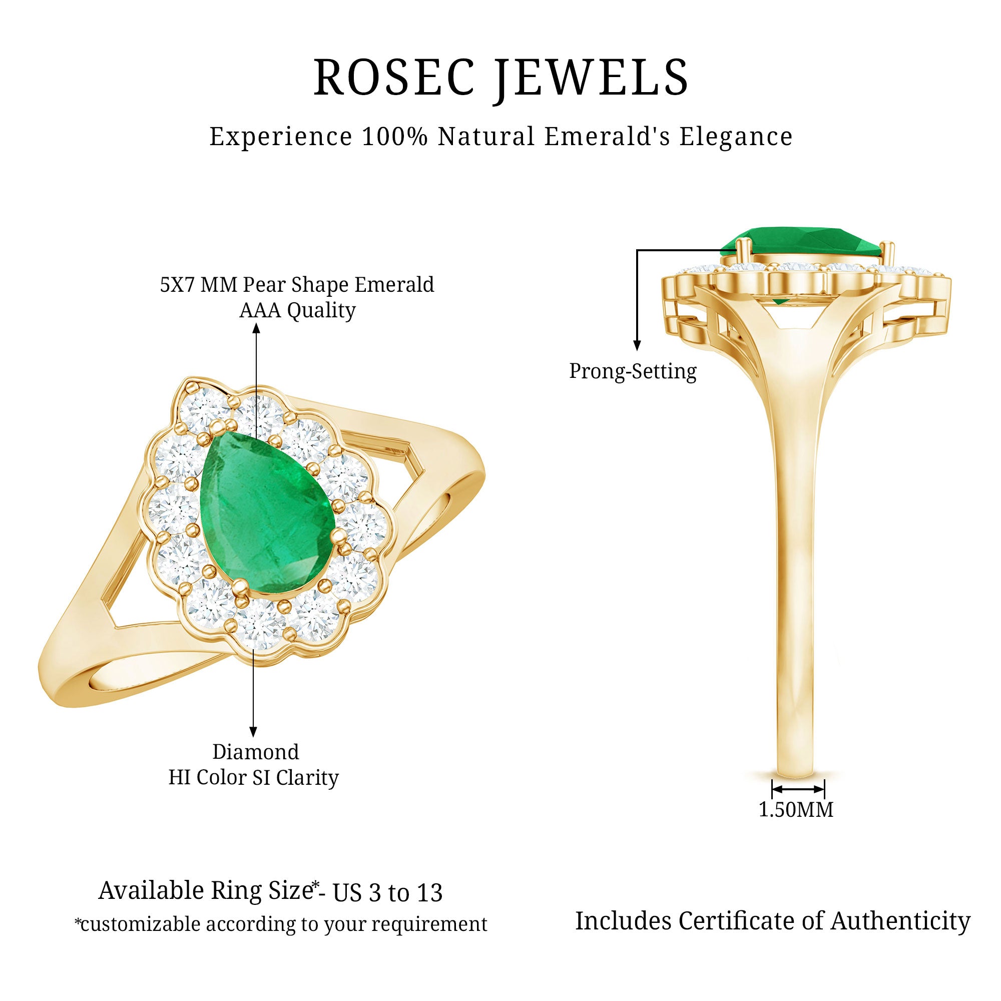 5X7 mm Pear Cut Emerald Engagement Ring with Diamond Halo AAA - Rosec Jewels