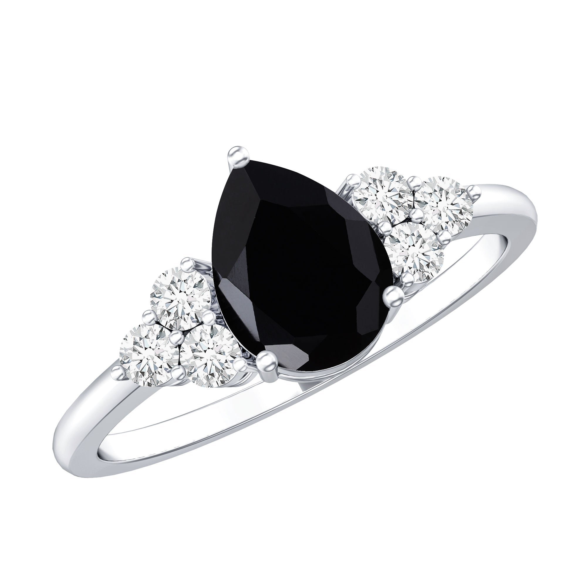 0.85 Carat Lab Grown Black Diamond Pear Shape Engagement Ring with White Diamond Trio AAAA ( Synthetic ) - Rosec Jewels