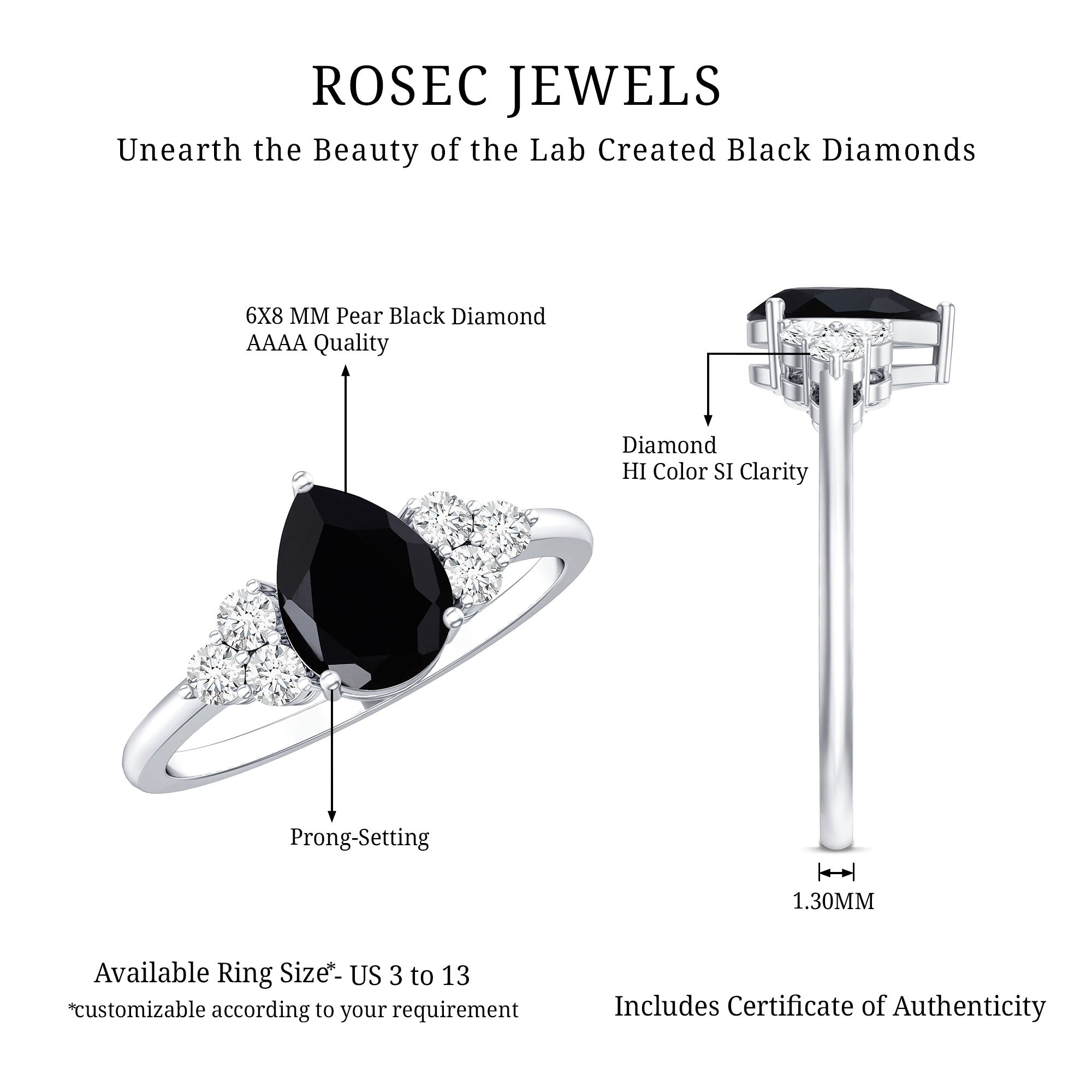 0.85 Carat Lab Grown Black Diamond Pear Shape Engagement Ring with White Diamond Trio AAAA ( Synthetic ) - Rosec Jewels