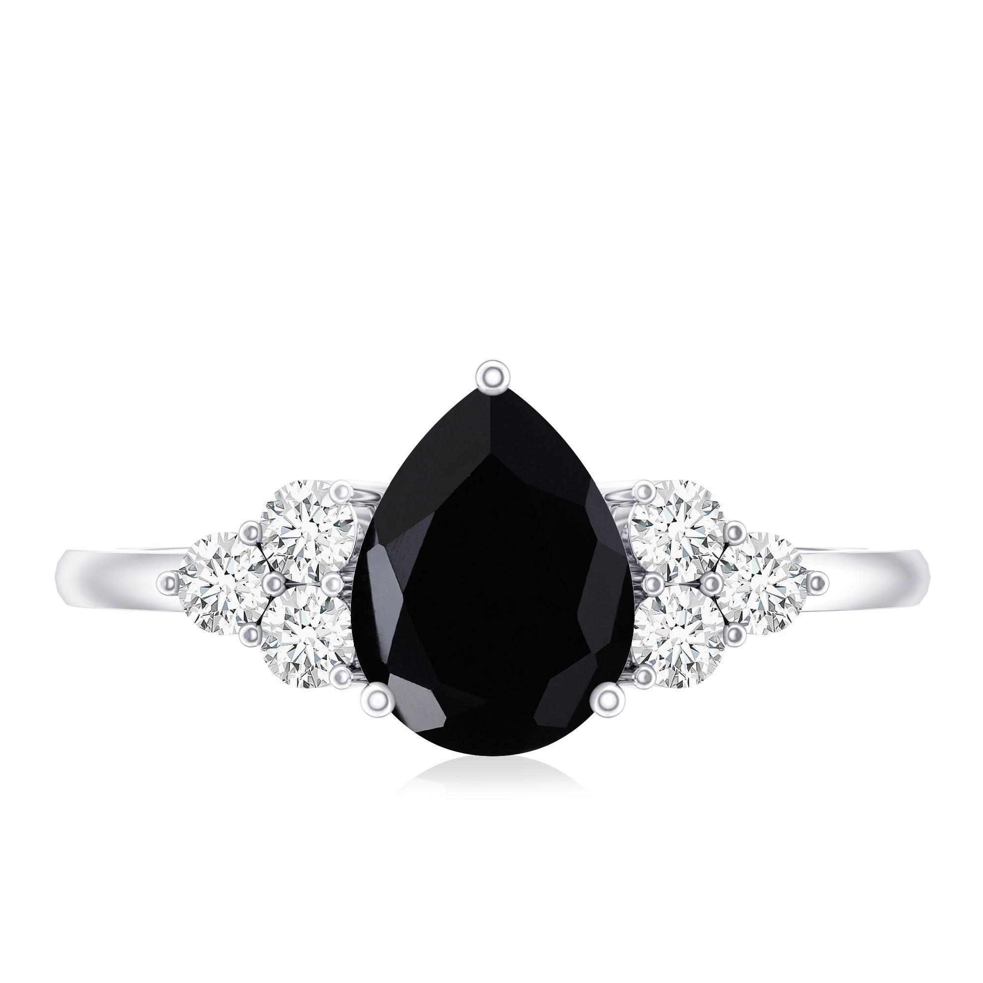 0.85 Carat Lab Grown Black Diamond Pear Shape Engagement Ring with White Diamond Trio AAAA ( Synthetic ) - Rosec Jewels