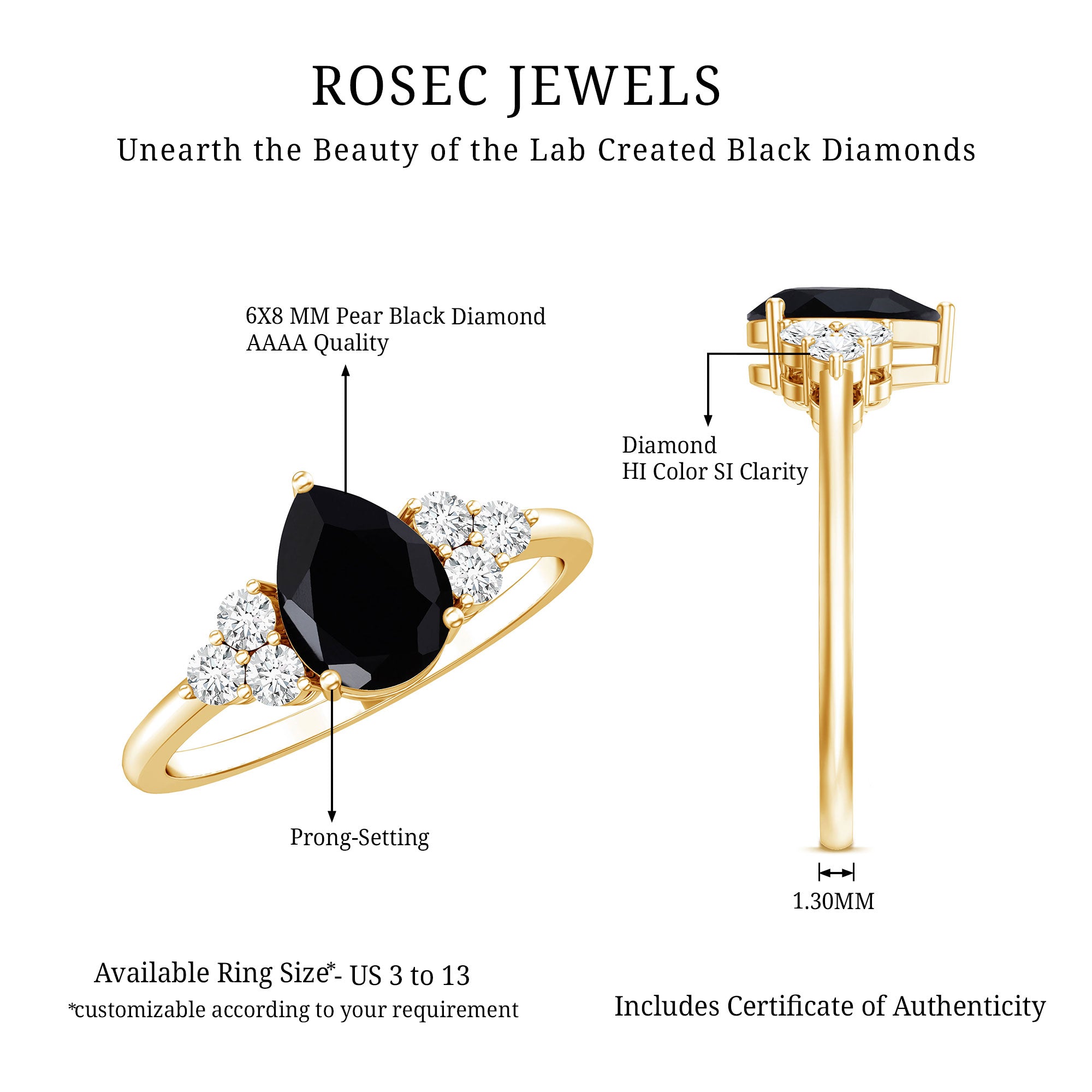 0.85 Carat Lab Grown Black Diamond Pear Shape Engagement Ring with White Diamond Trio AAAA ( Synthetic ) - Rosec Jewels