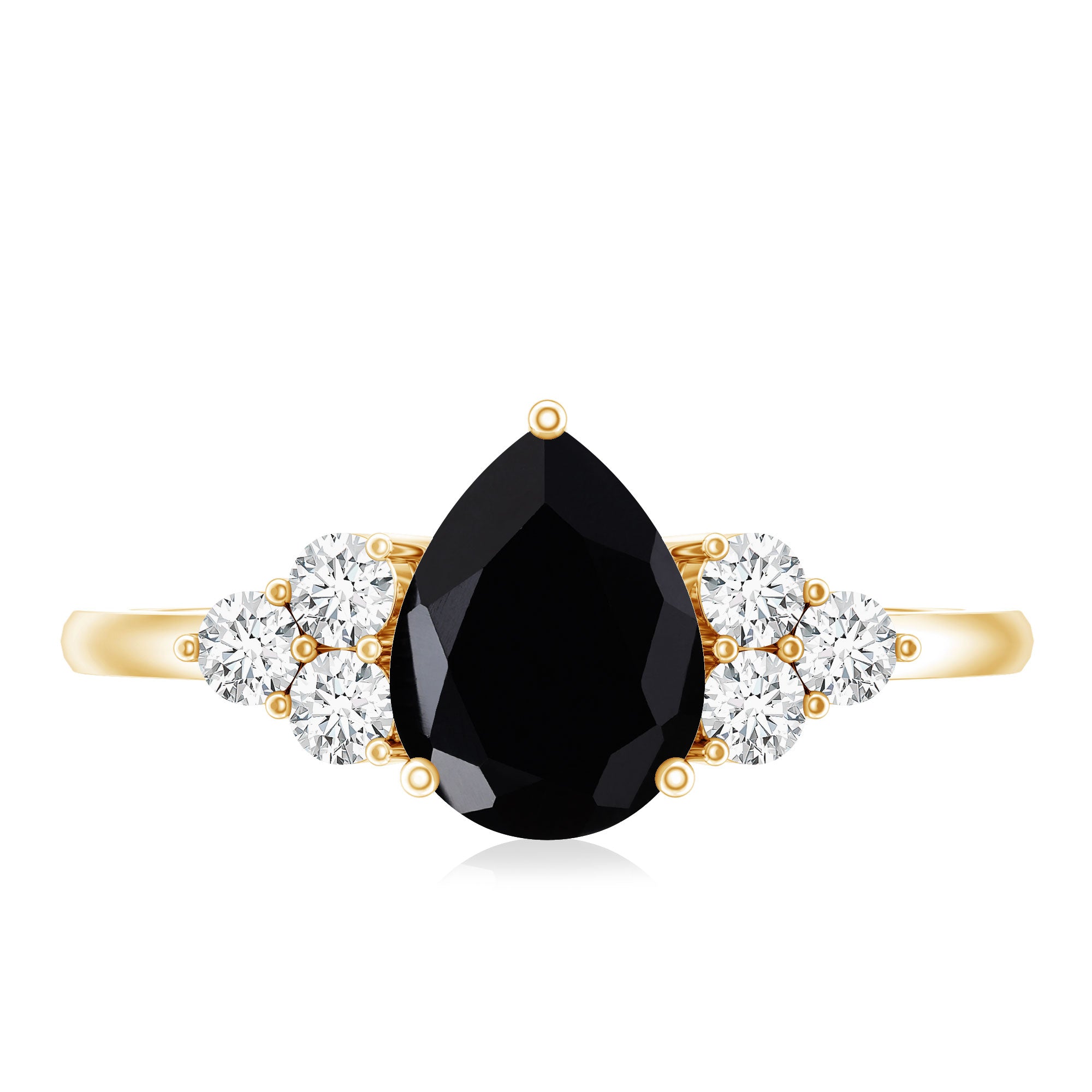 0.85 Carat Lab Grown Black Diamond Pear Shape Engagement Ring with White Diamond Trio AAAA ( Synthetic ) - Rosec Jewels