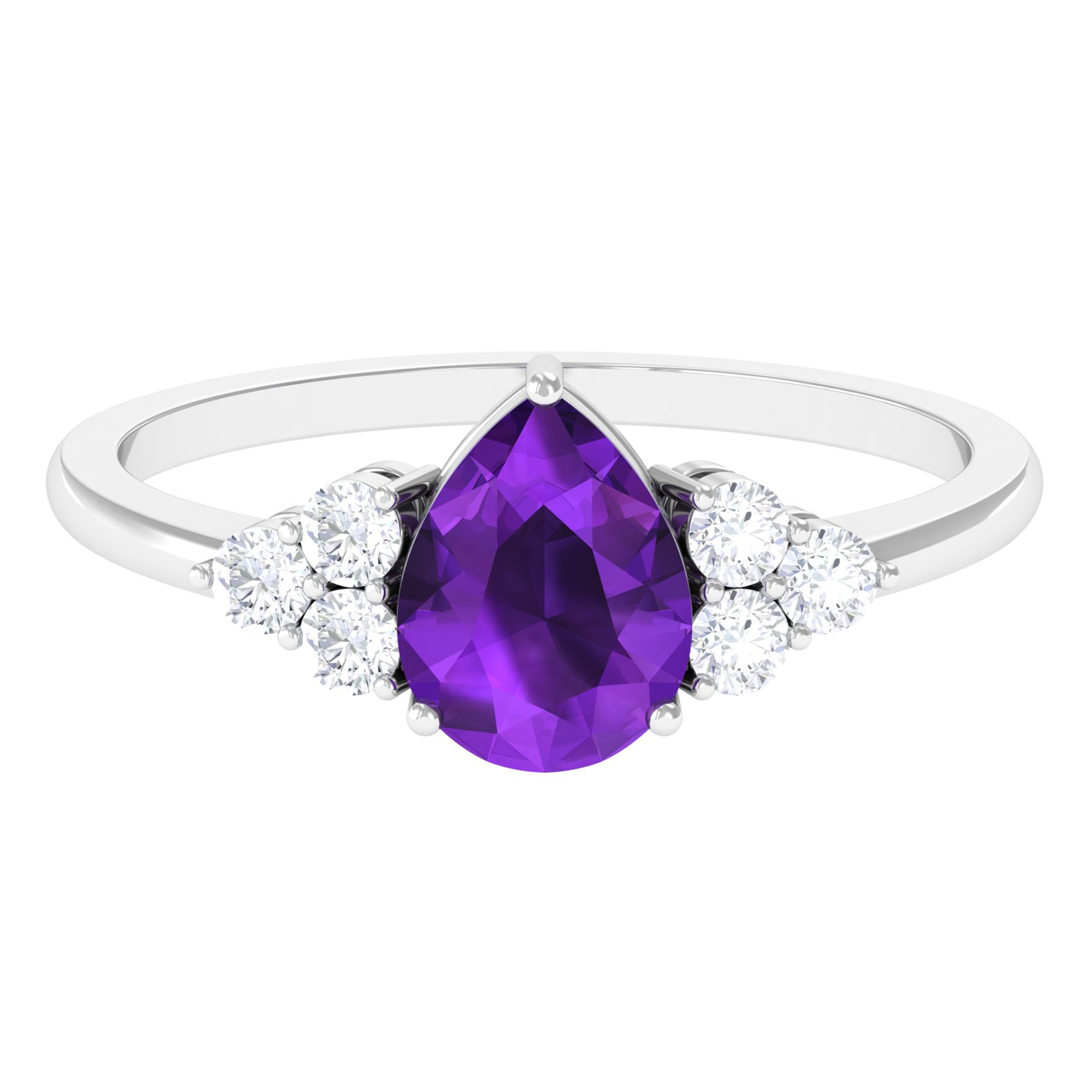 Pear Shape Amethyst Solitaire Ring with Diamond Trio