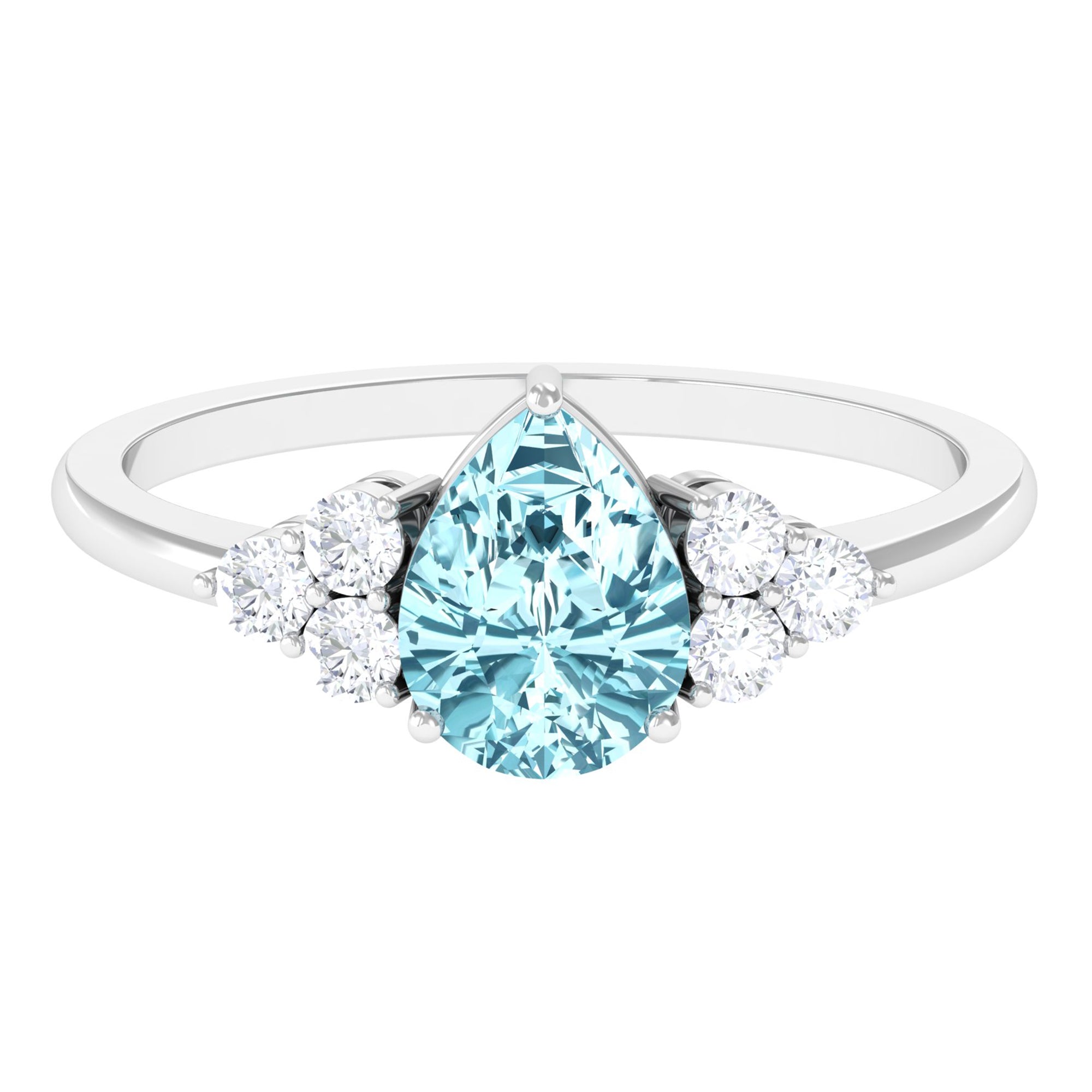 Genuine Aquamarine Teardrop Engagement Ring with Diamond Trio