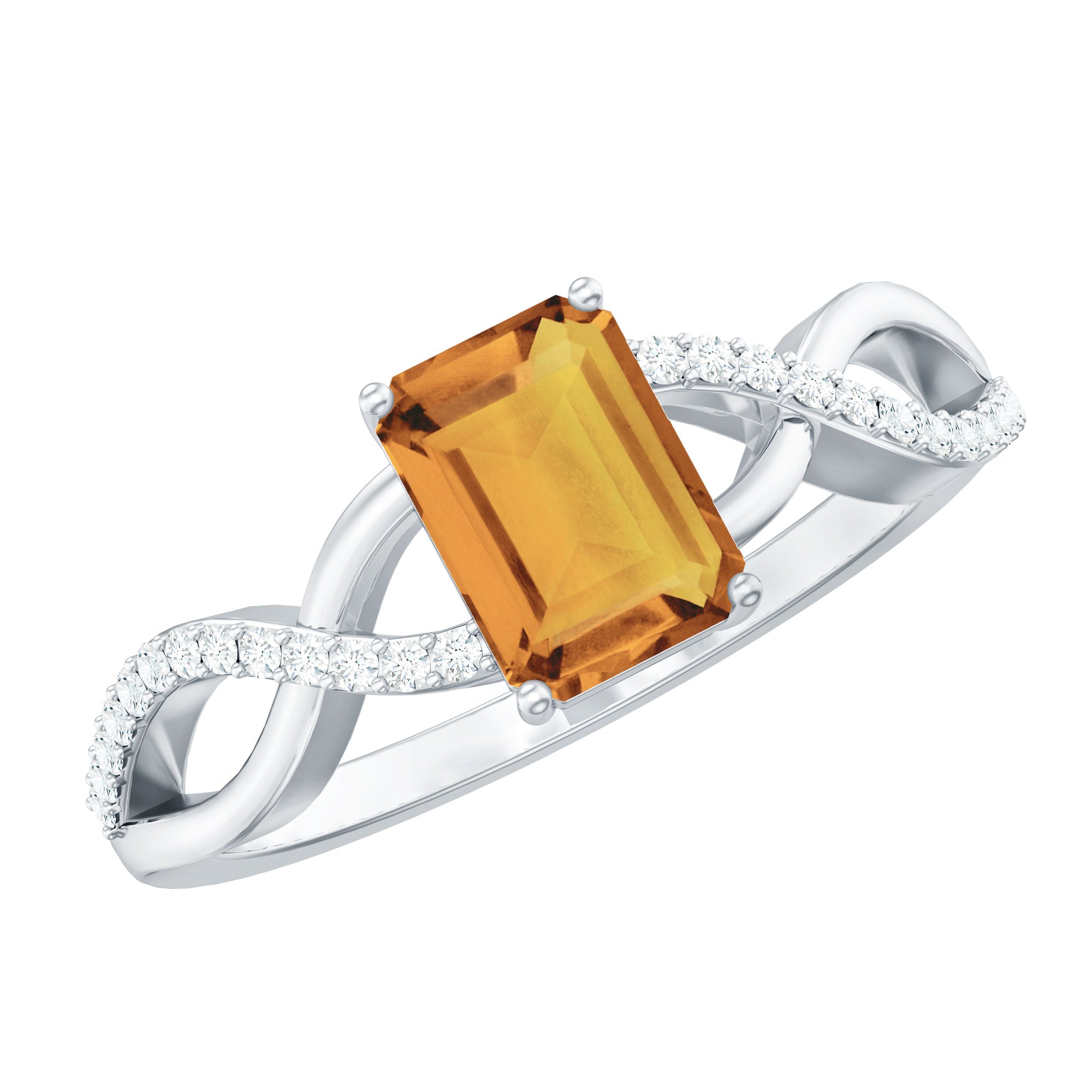 Emerald Cut Citrine and Diamond Crossover Engagement Ring