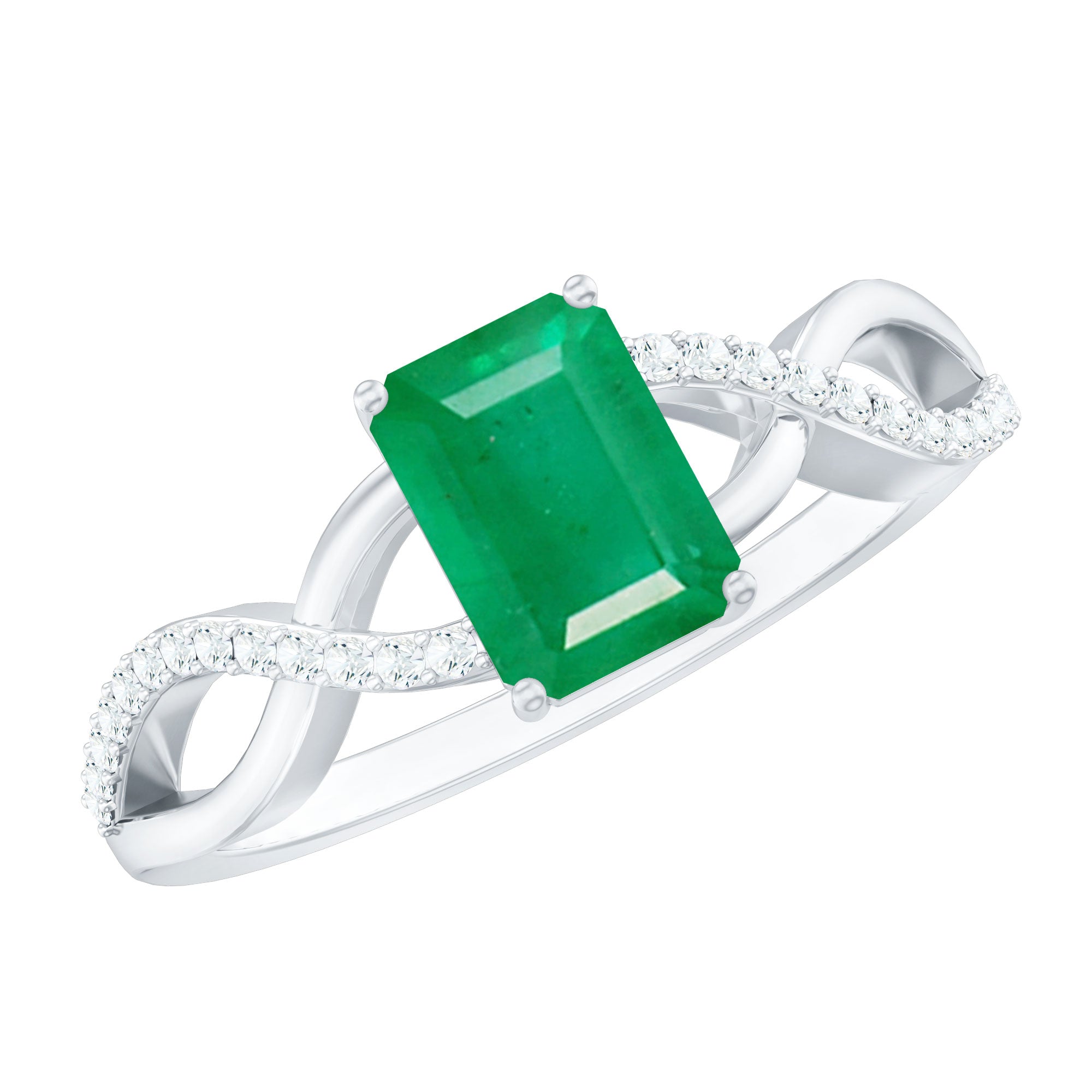 Real Emerald Cut Emerald Engagement Ring with Diamond Twisted Infinity Shank