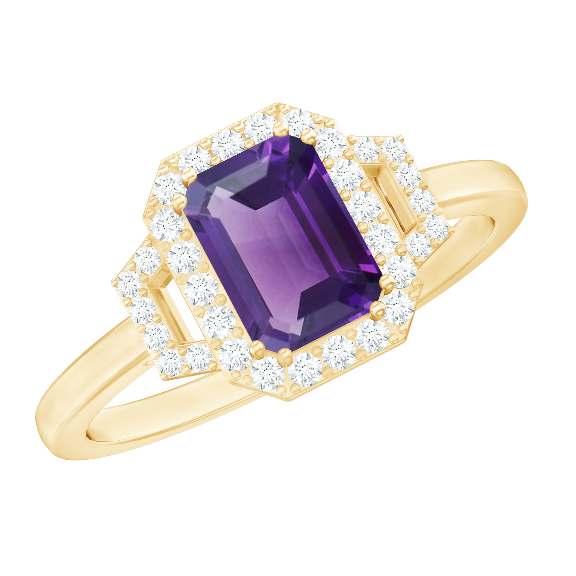 Real 1.4 Carat Amethyst Emerald Cut Engagement Ring with Diamond Halo AAA - Rosec Jewels