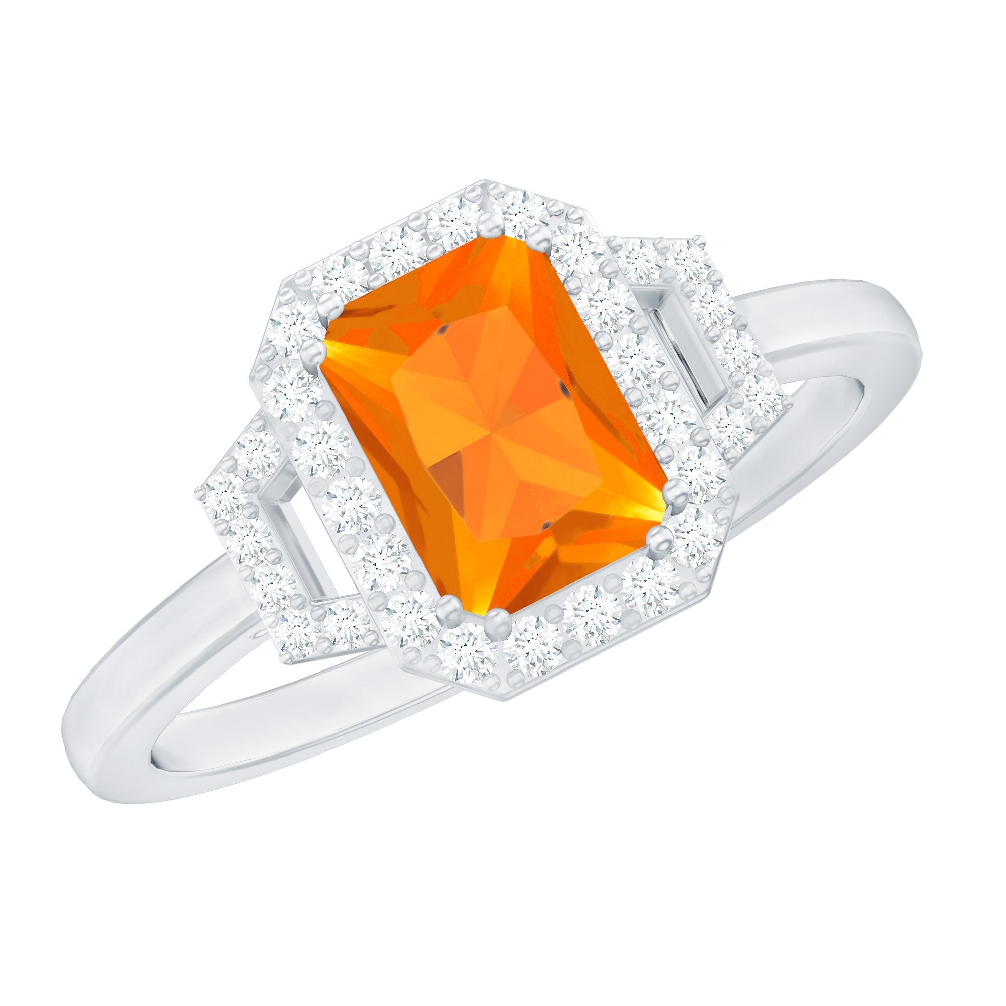 1 Carat Emerald Cut Fire Opal Engagement Ring with Diamond AAA - Rosec Jewels