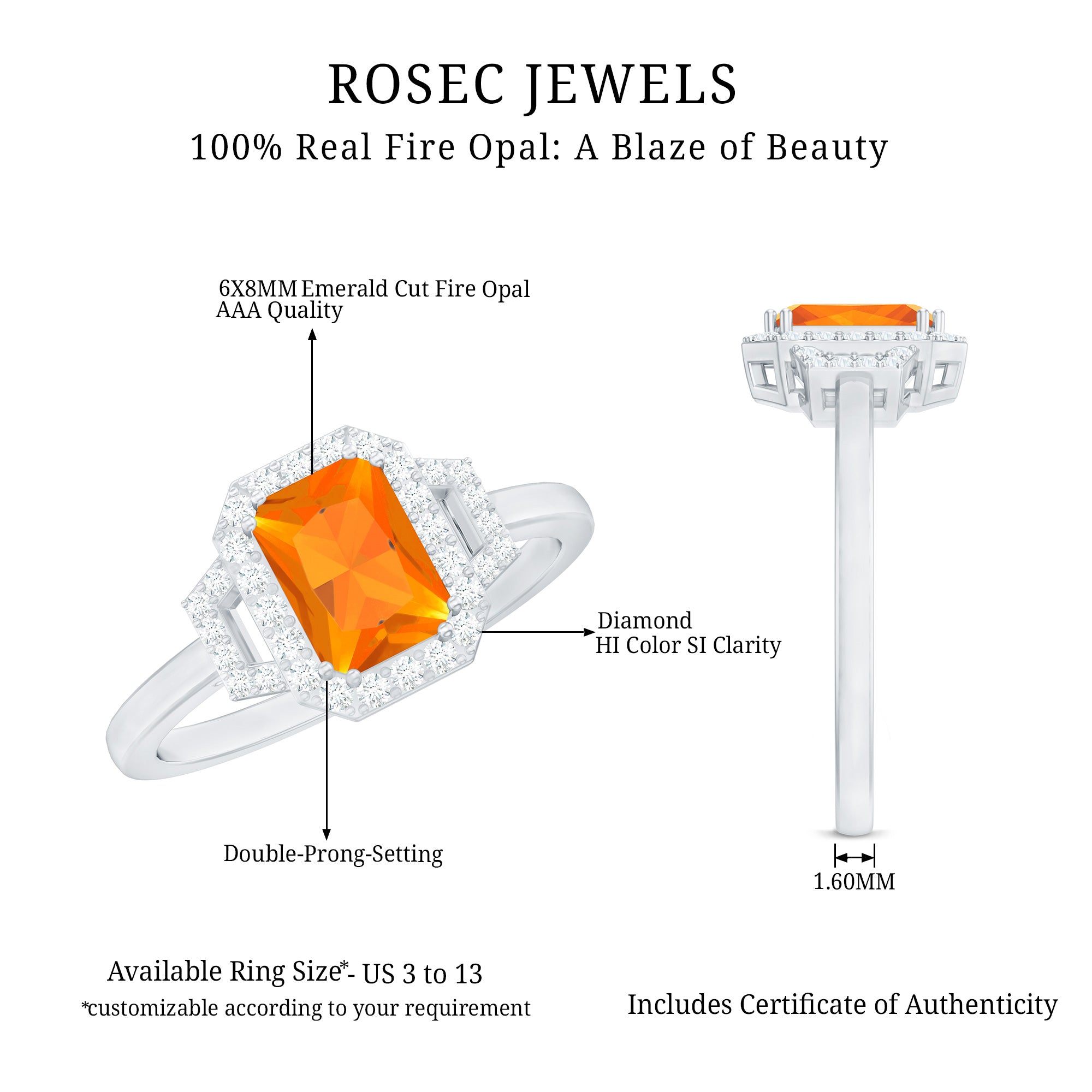 1 Carat Emerald Cut Fire Opal Engagement Ring with Diamond AAA - Rosec Jewels