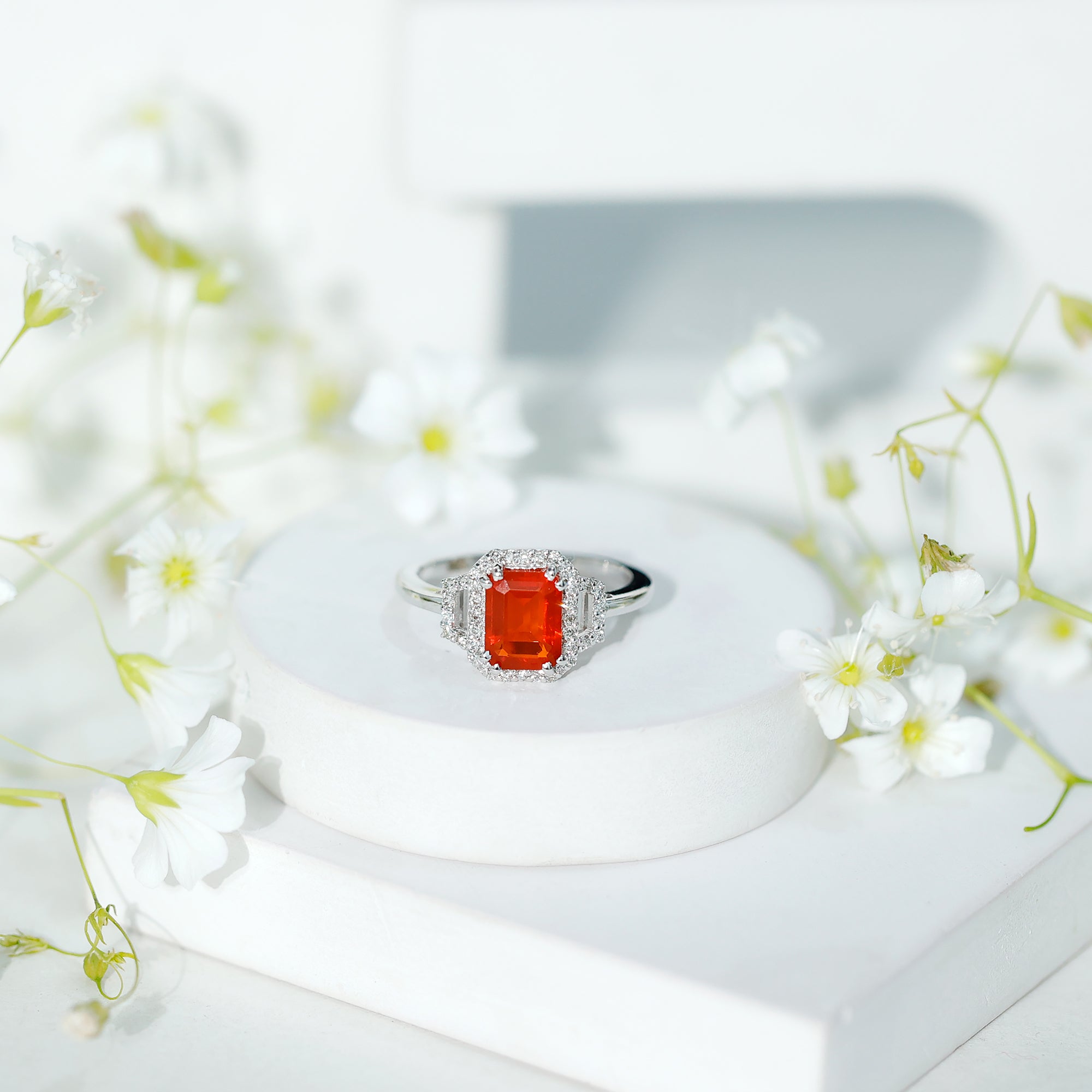 1 Carat Emerald Cut Fire Opal Engagement Ring with Diamond AAA - Rosec Jewels