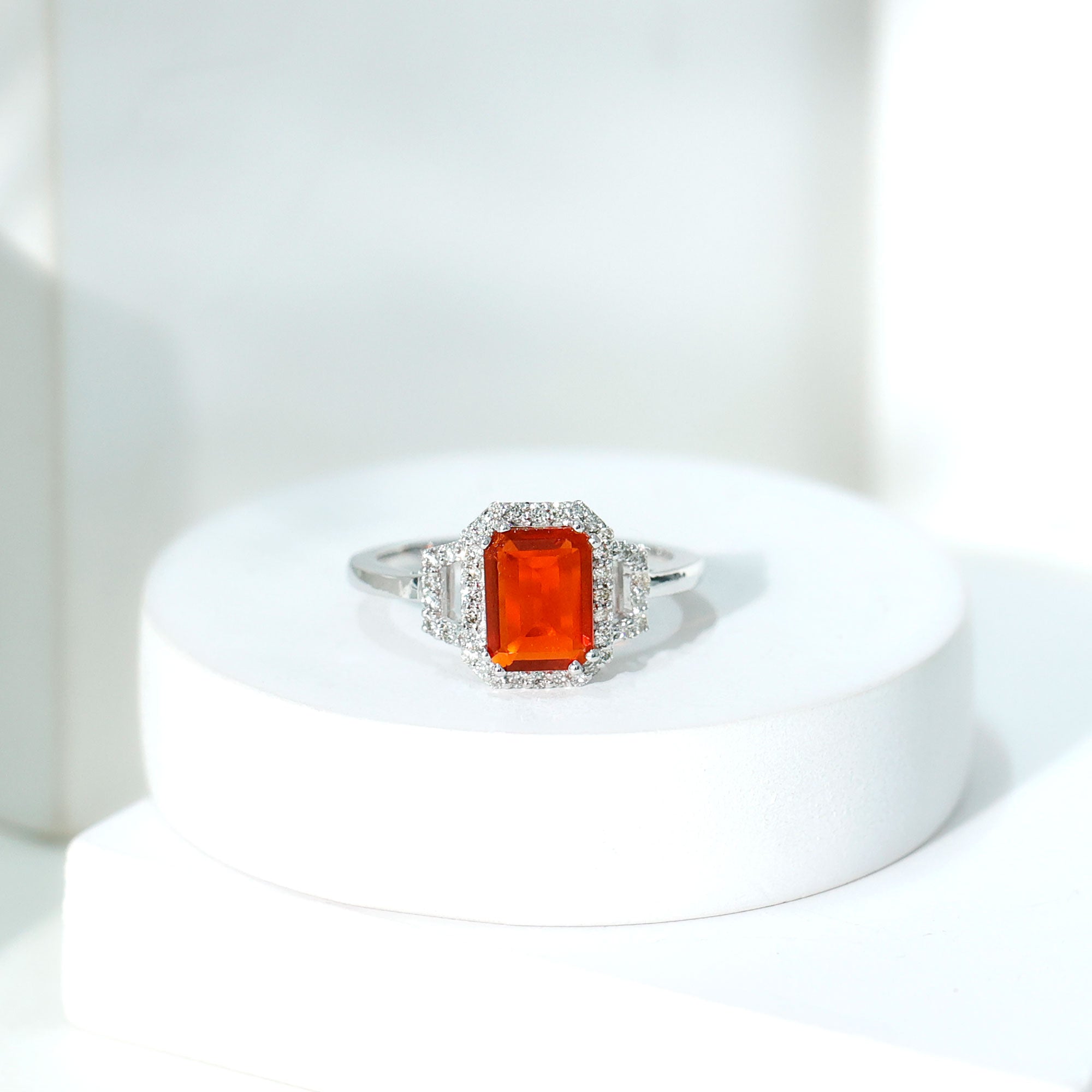 1 Carat Emerald Cut Fire Opal Engagement Ring with Diamond AAA - Rosec Jewels