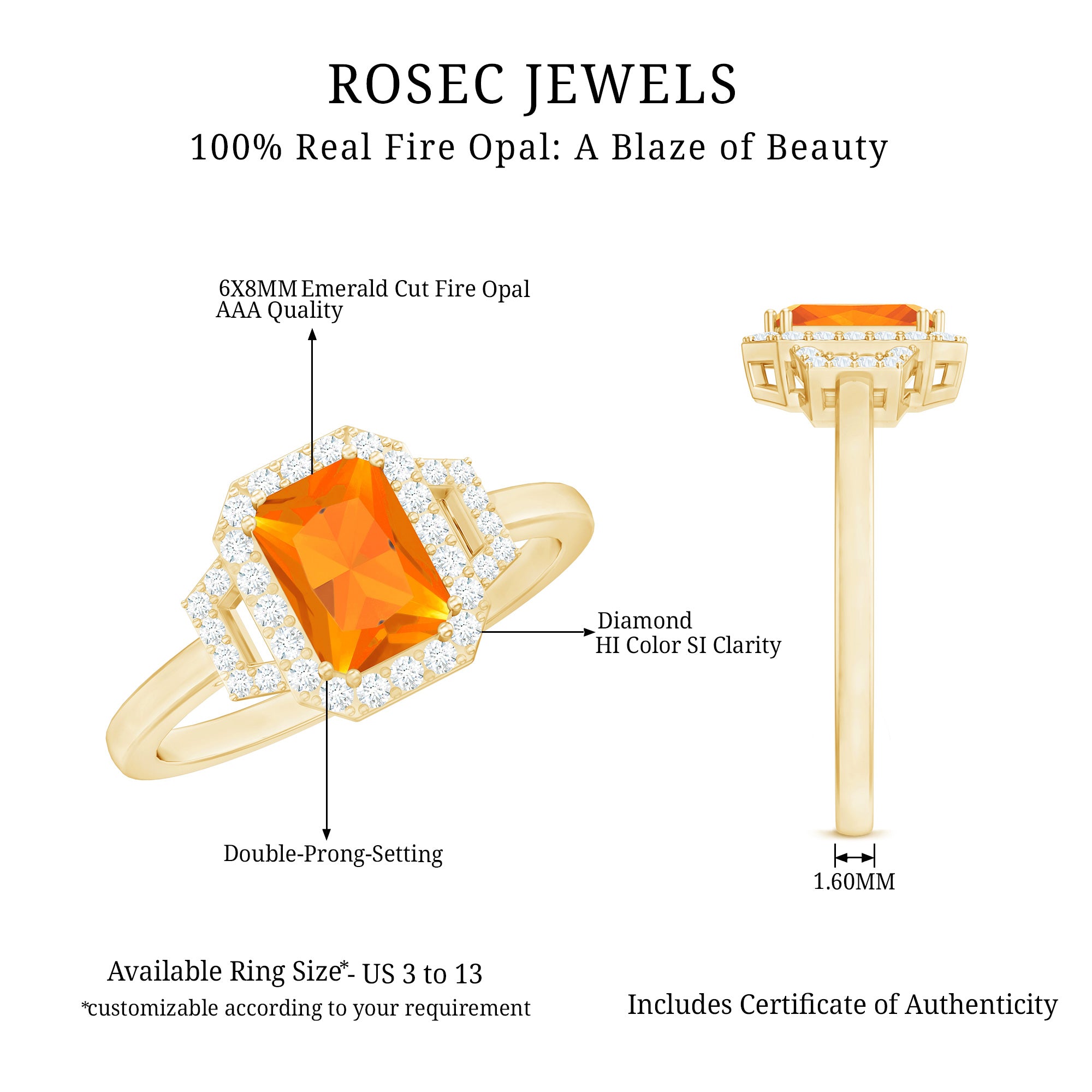 1 Carat Emerald Cut Fire Opal Engagement Ring with Diamond AAA - Rosec Jewels