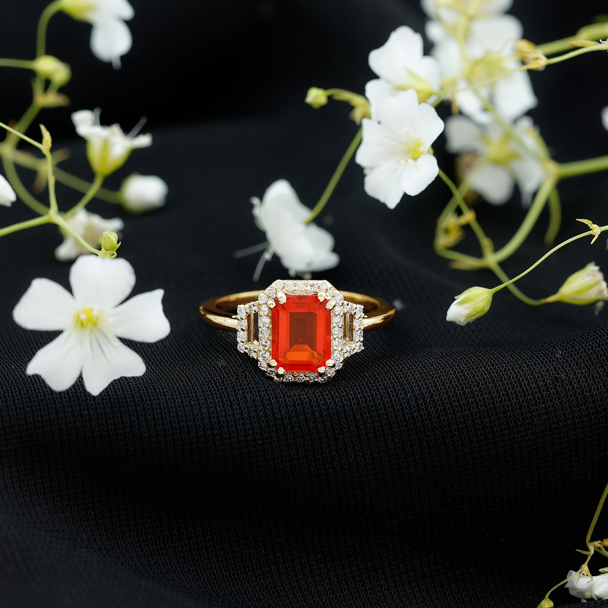 1 Carat Emerald Cut Fire Opal Engagement Ring with Diamond AAA - Rosec Jewels