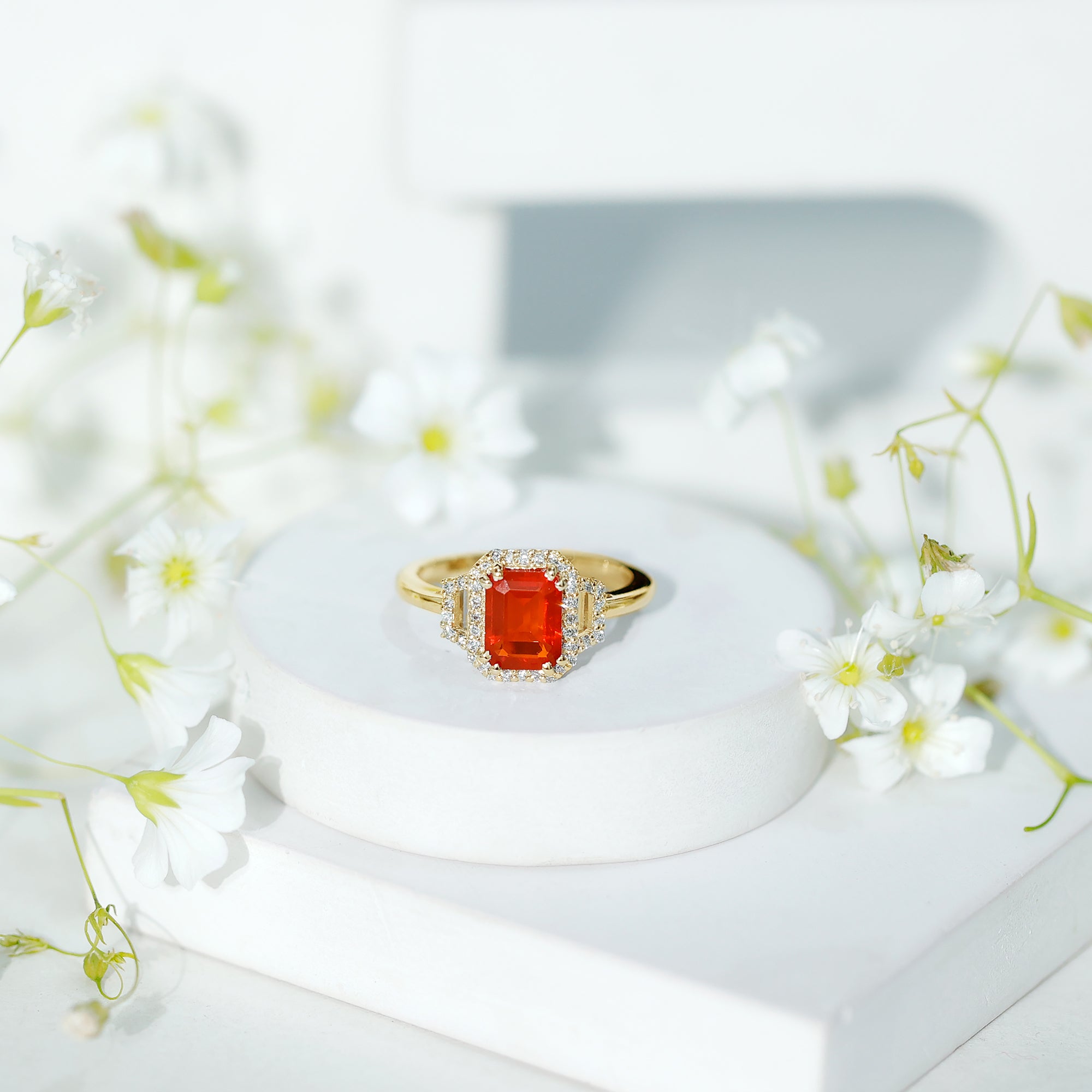 1 Carat Emerald Cut Fire Opal Engagement Ring with Diamond AAA - Rosec Jewels