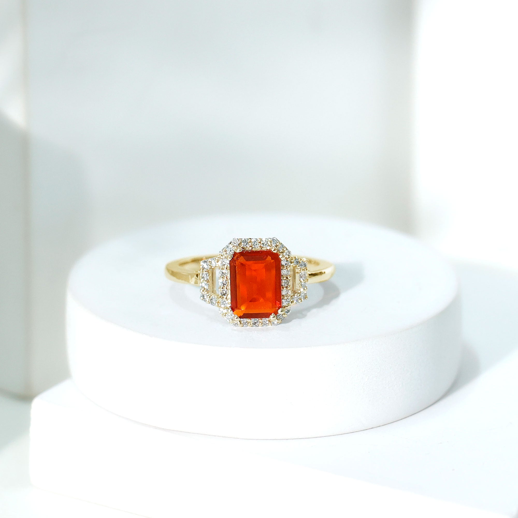 1 Carat Emerald Cut Fire Opal Engagement Ring with Diamond AAA - Rosec Jewels