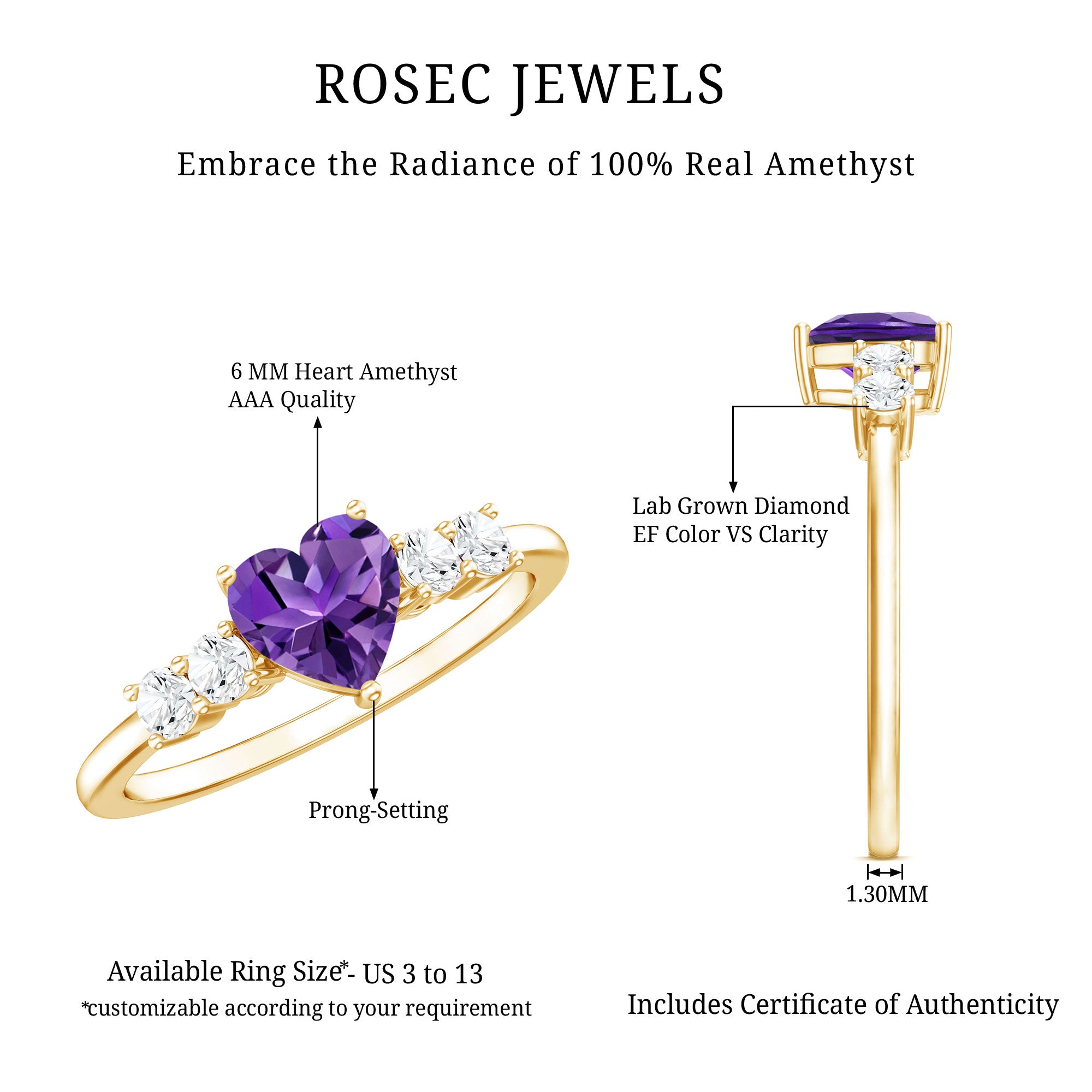 0.9 Carat Amethyst Heart Promise Ring with Diamonds AAA - Rosec Jewels