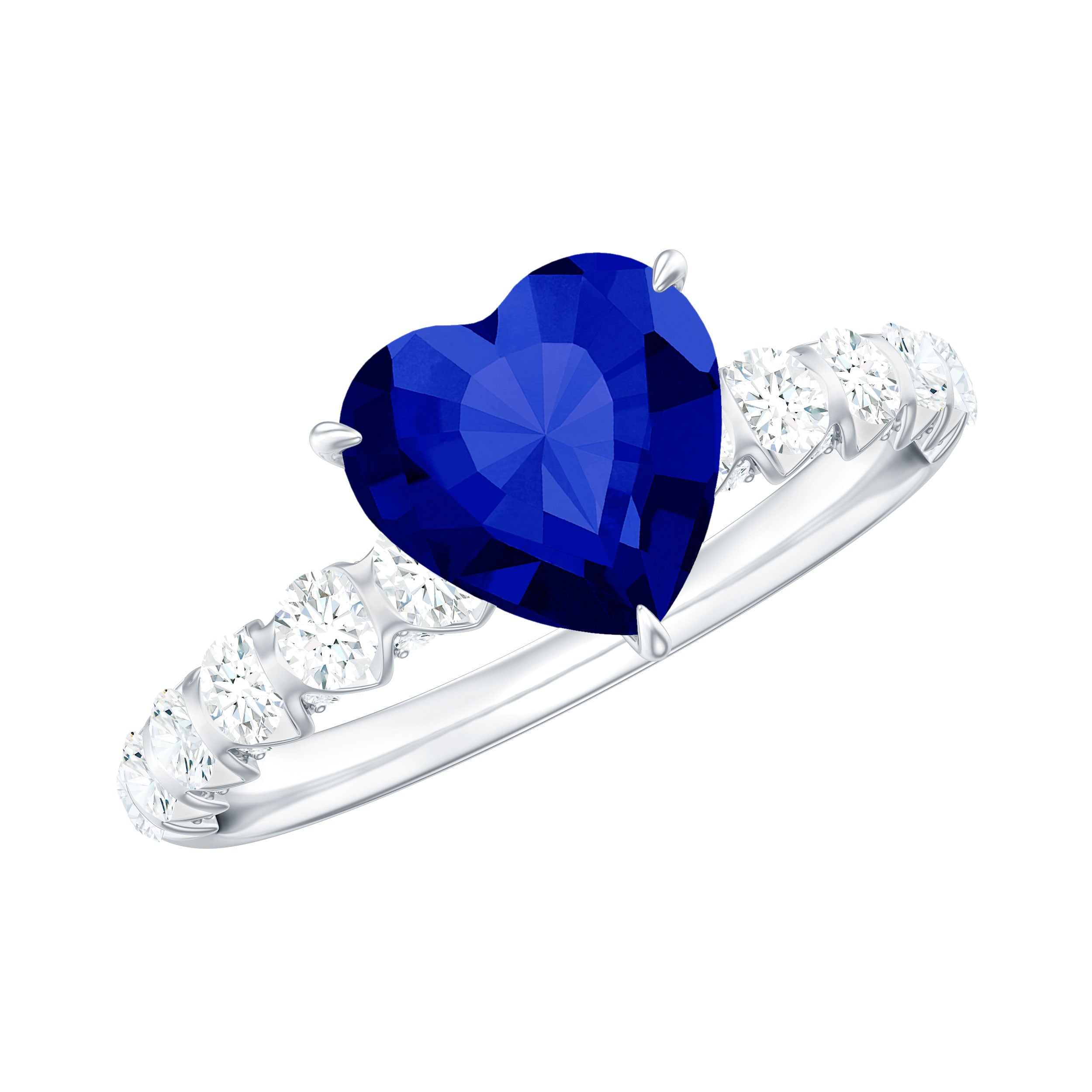 Heart Shape Lab Grown Blue Sapphire Solitaire Engagement Ring with Diamond