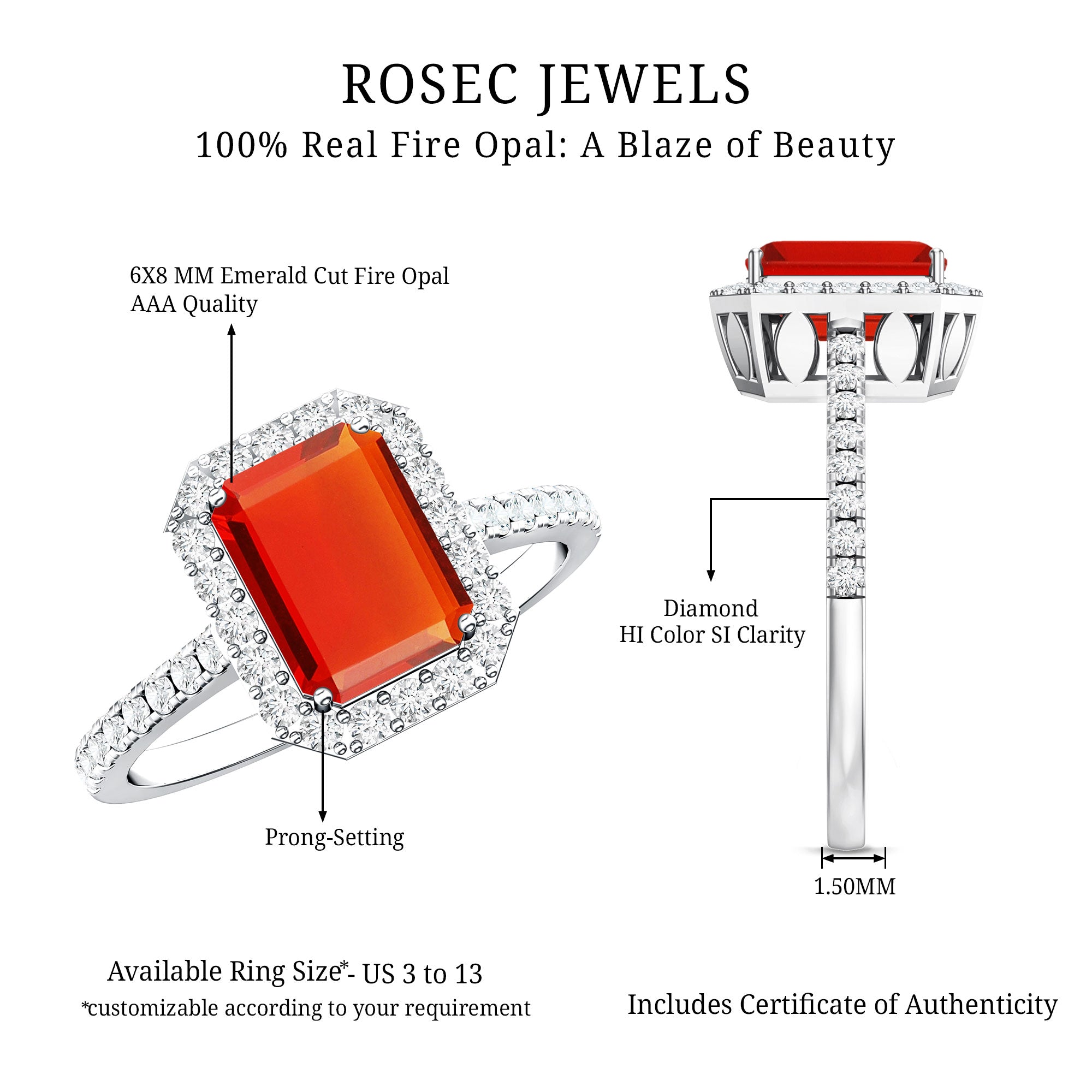 Emerald Cut Fire Opal Simple Engagement Ring with Diamond Halo AAA - Rosec Jewels