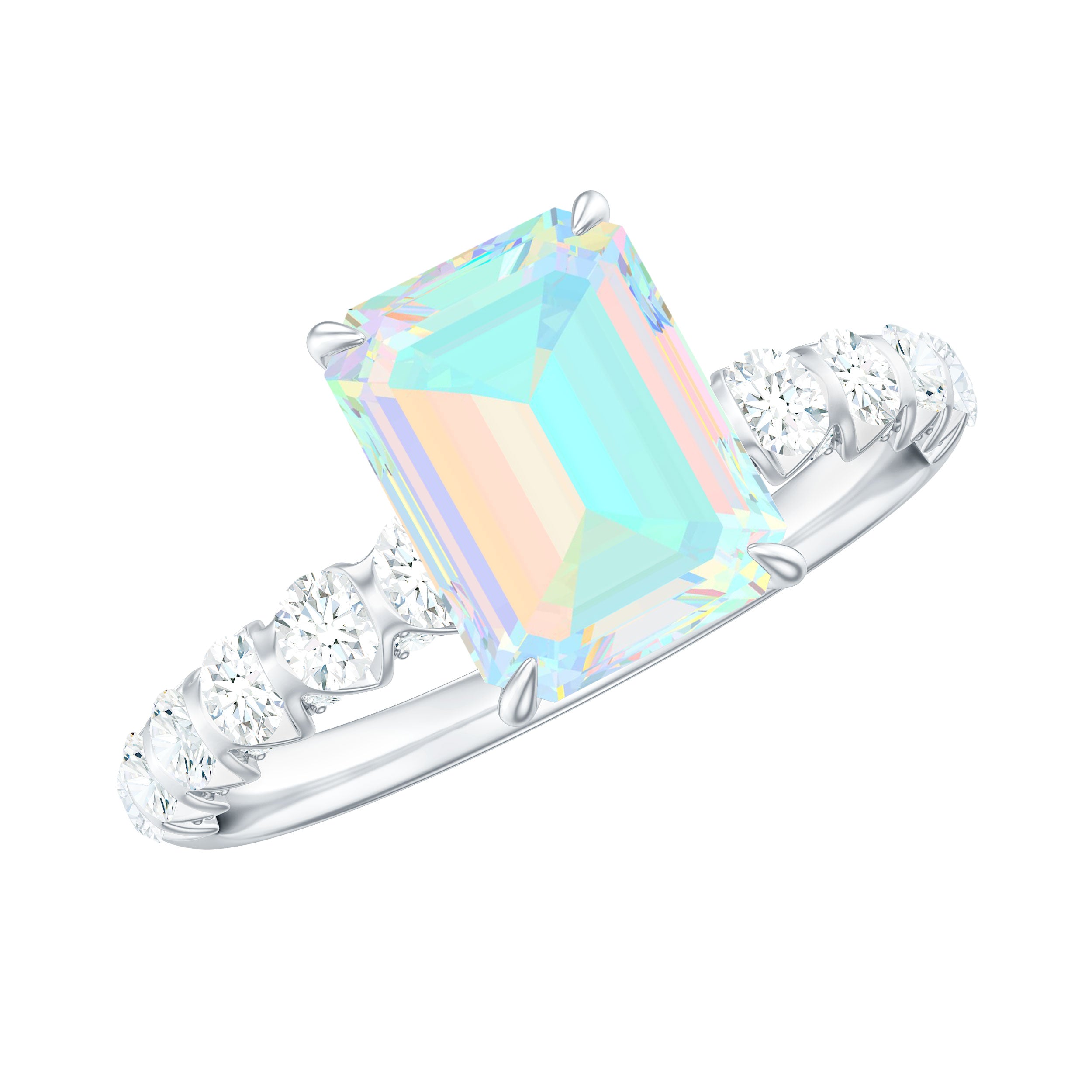 Genuine Ethiopian Opal Emerald Cut Engagement Ring with Diamond Side Stones AAA - Rosec Jewels