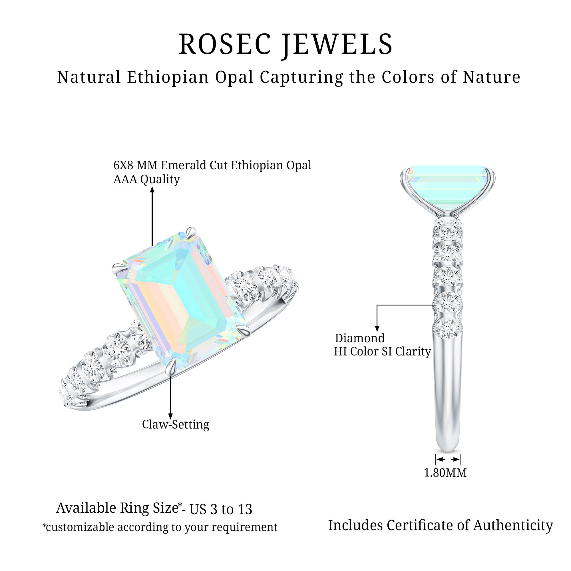 Genuine Ethiopian Opal Emerald Cut Engagement Ring with Diamond Side Stones AAA - Rosec Jewels