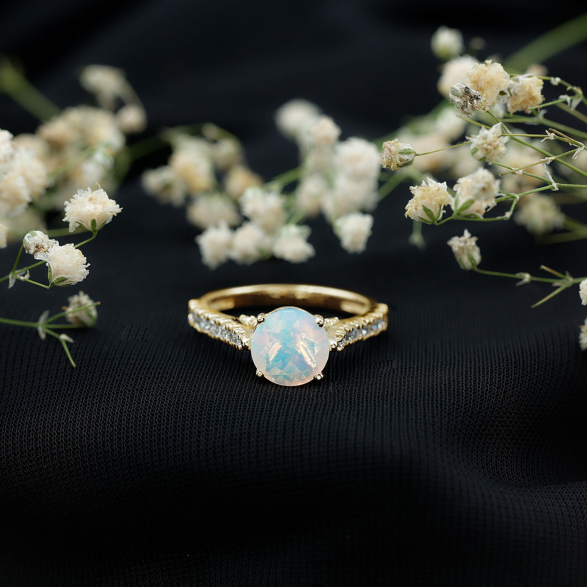 Natural 2 Carat Ethiopian Opal Diamond Engagement Ring with Side Stones AAA - Rosec Jewels