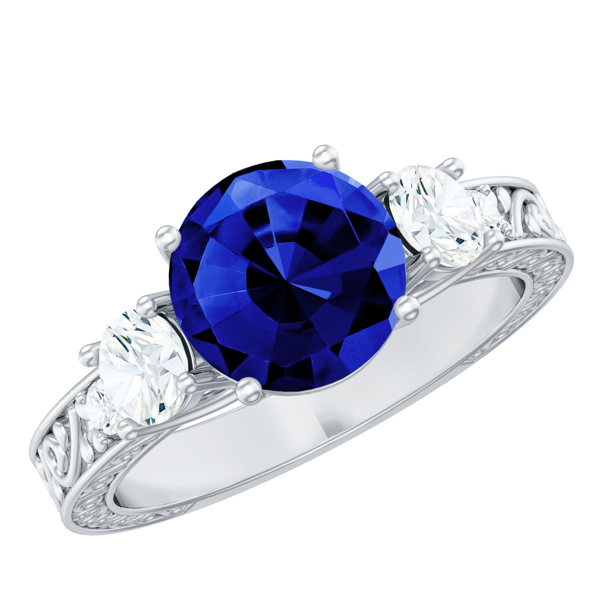 Round Created Blue Sapphire and Moissanite Art Deco Engagement Ring in Gold