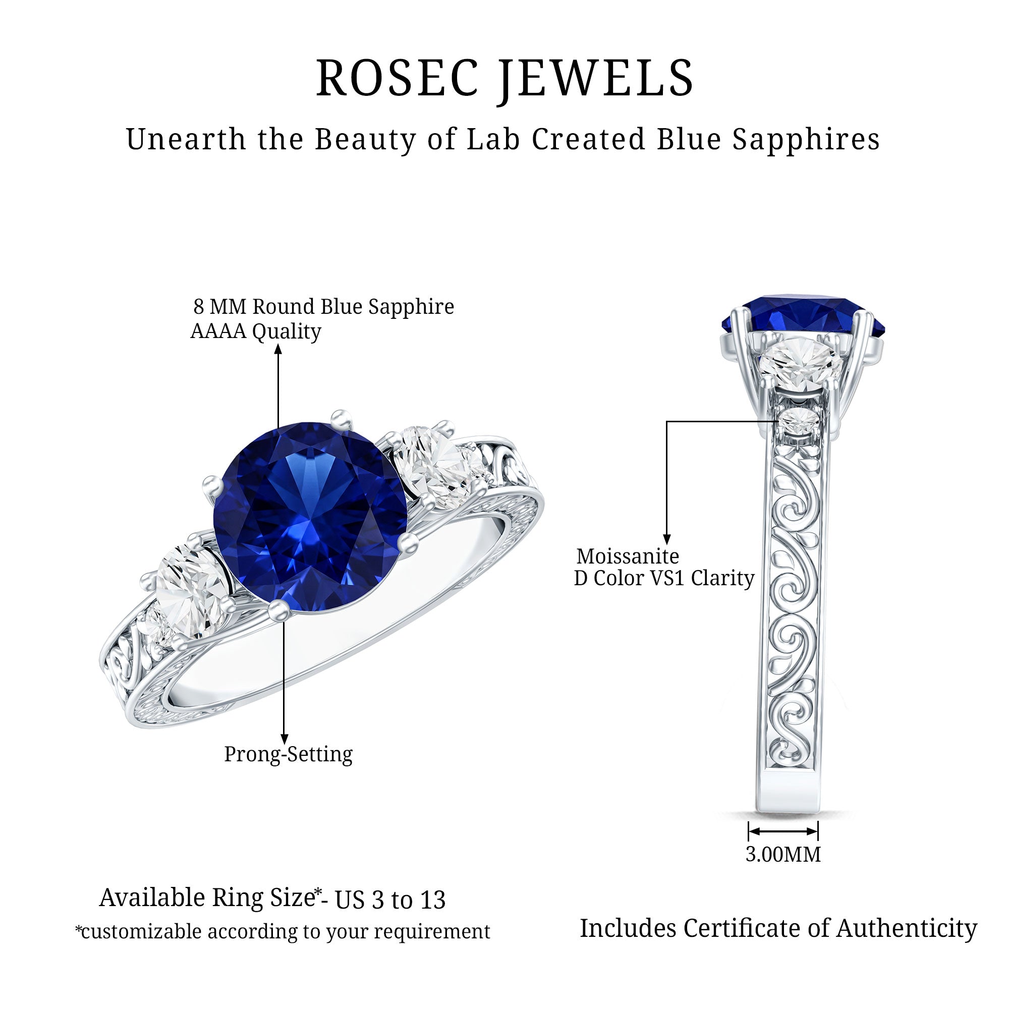 Round Created Blue Sapphire and Moissanite Art Deco Engagement Ring in Gold AAAA - Rosec Jewels