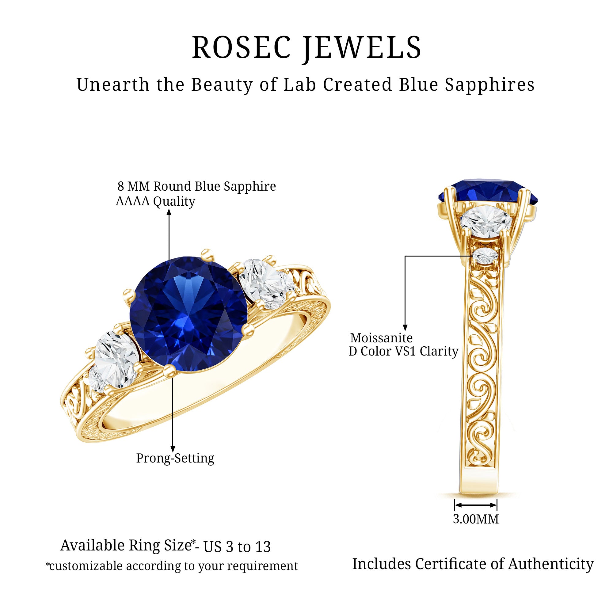 Round Created Blue Sapphire and Moissanite Art Deco Engagement Ring in Gold AAAA - Rosec Jewels