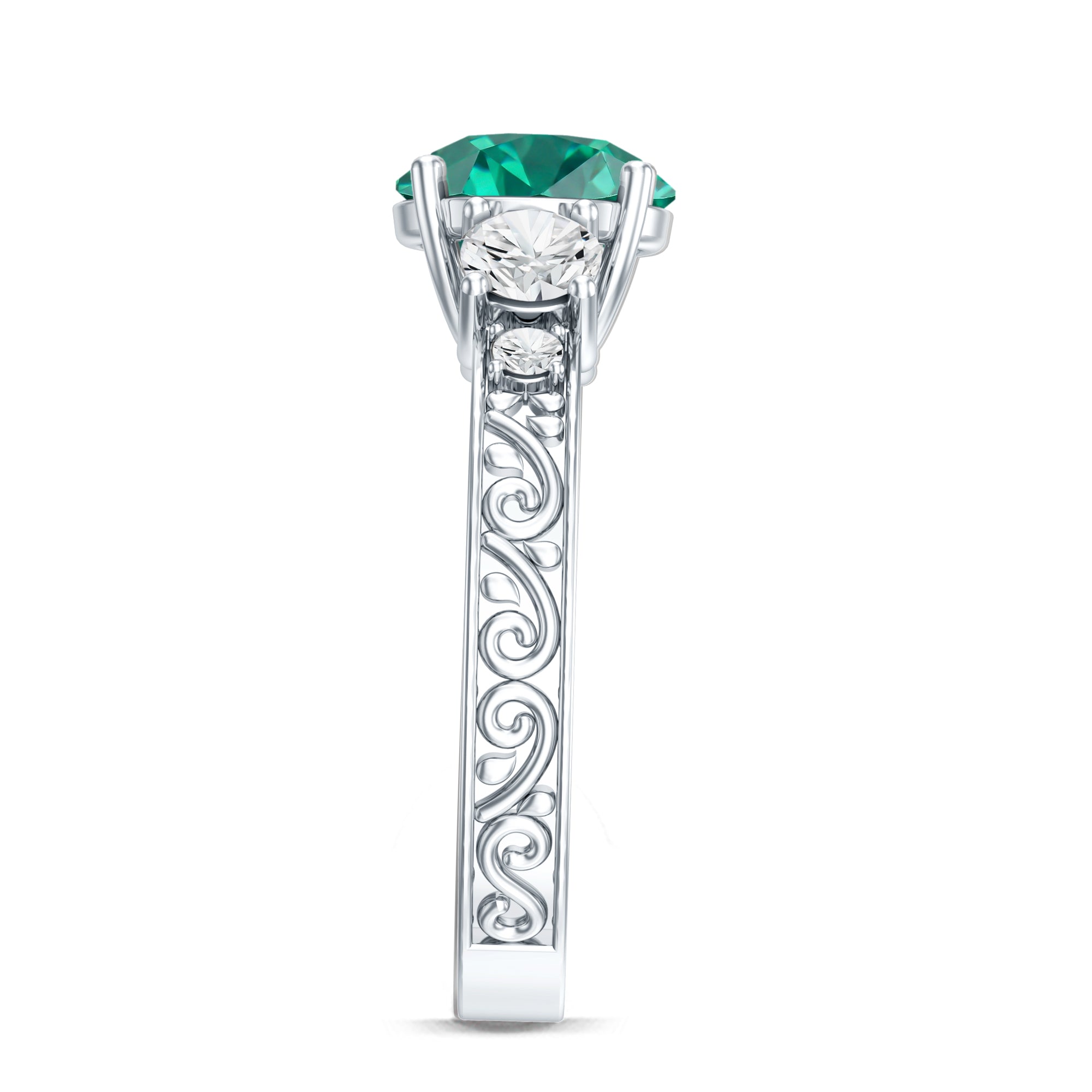 Antique Style Lab Grown Emerald Three Stone Engagement Ring with Moissanite AAAA - Rosec Jewels