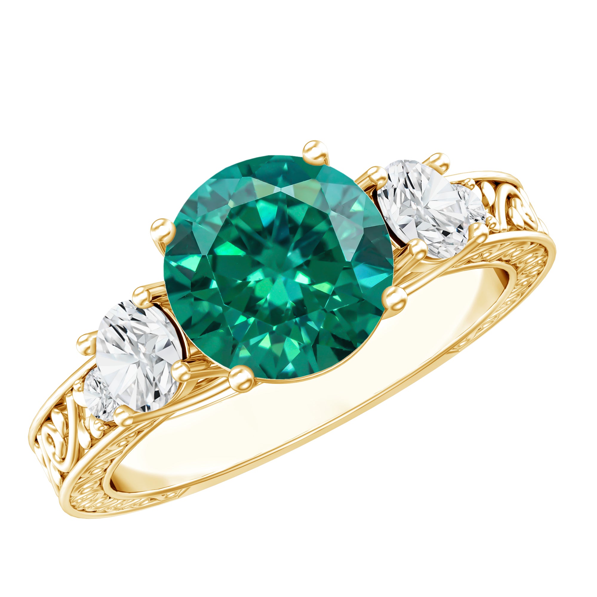 Antique Style Lab Grown Emerald Three Stone Engagement Ring with Moissanite AAAA - Rosec Jewels