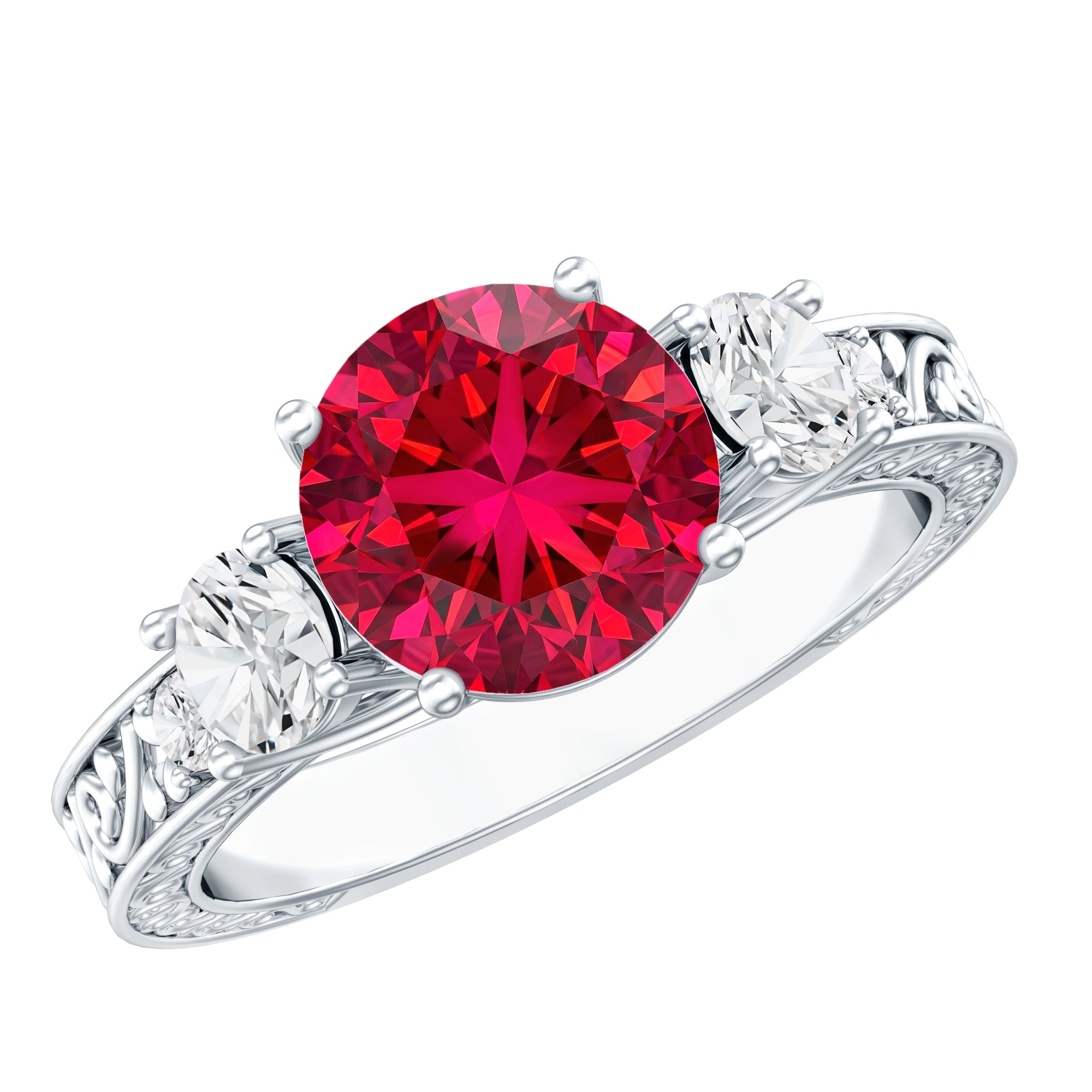 Lab Grown Ruby and Moissanite 3 Stone Engagement Ring With Certificate AAAA - Rosec Jewels