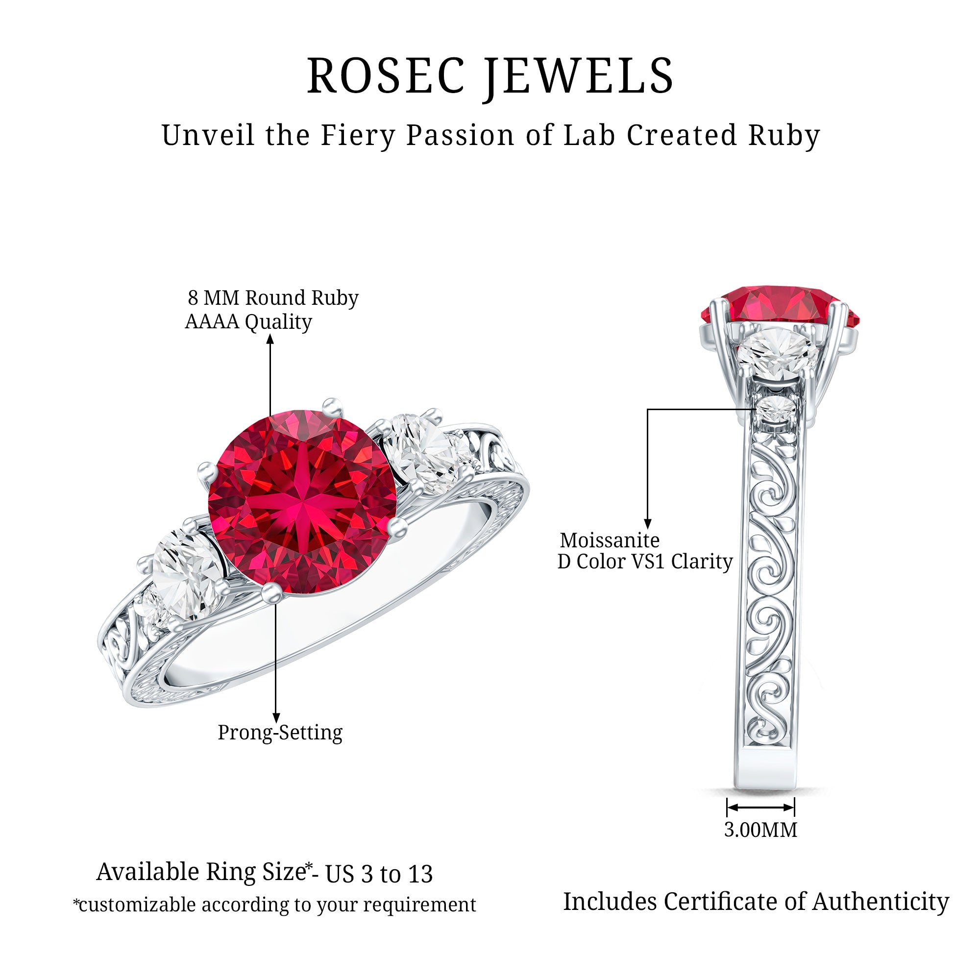 Lab Grown Ruby and Moissanite 3 Stone Engagement Ring With Certificate AAAA - Rosec Jewels