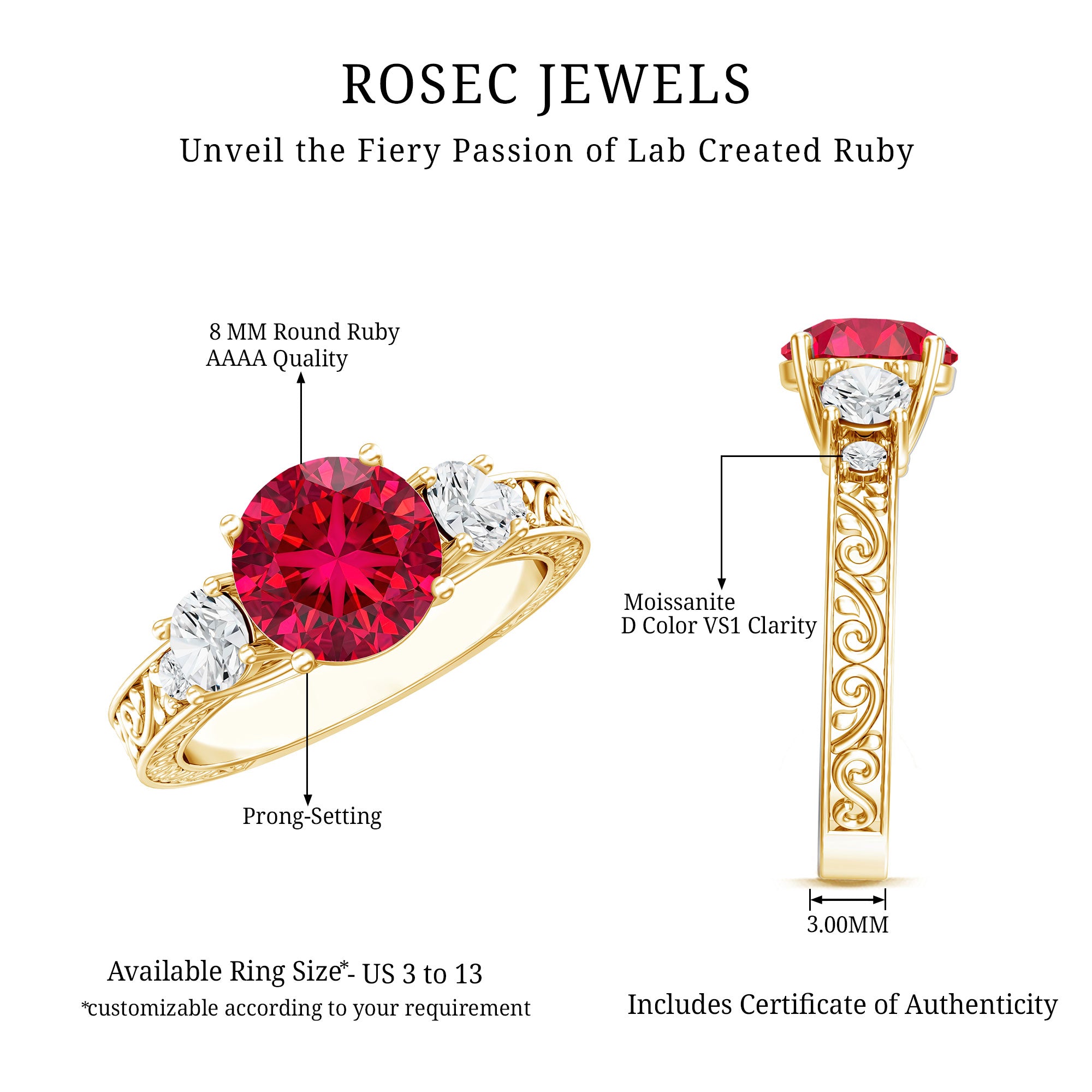 Lab Grown Ruby and Moissanite 3 Stone Engagement Ring With Certificate AAAA - Rosec Jewels