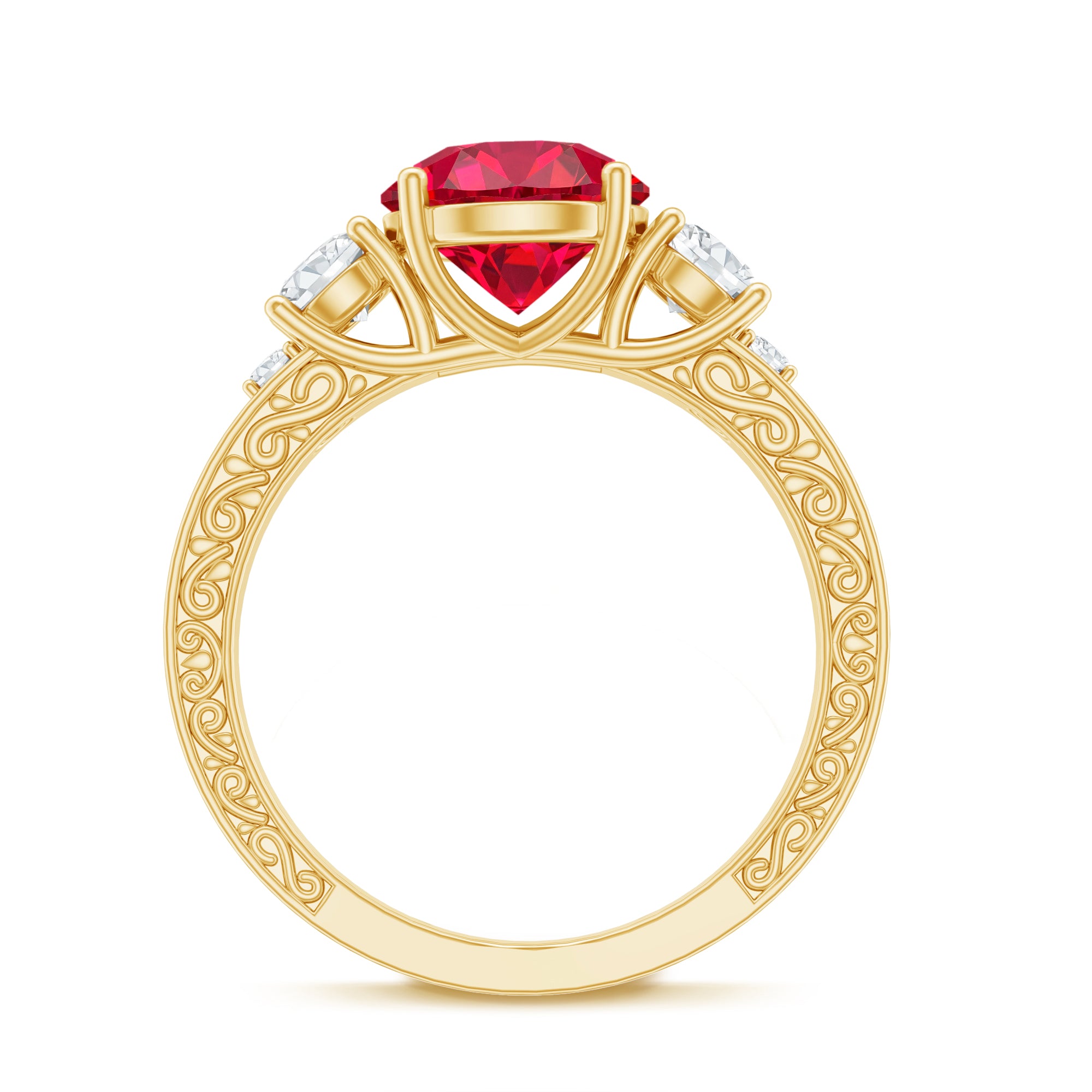 Lab Grown Ruby and Moissanite 3 Stone Engagement Ring With Certificate AAAA - Rosec Jewels