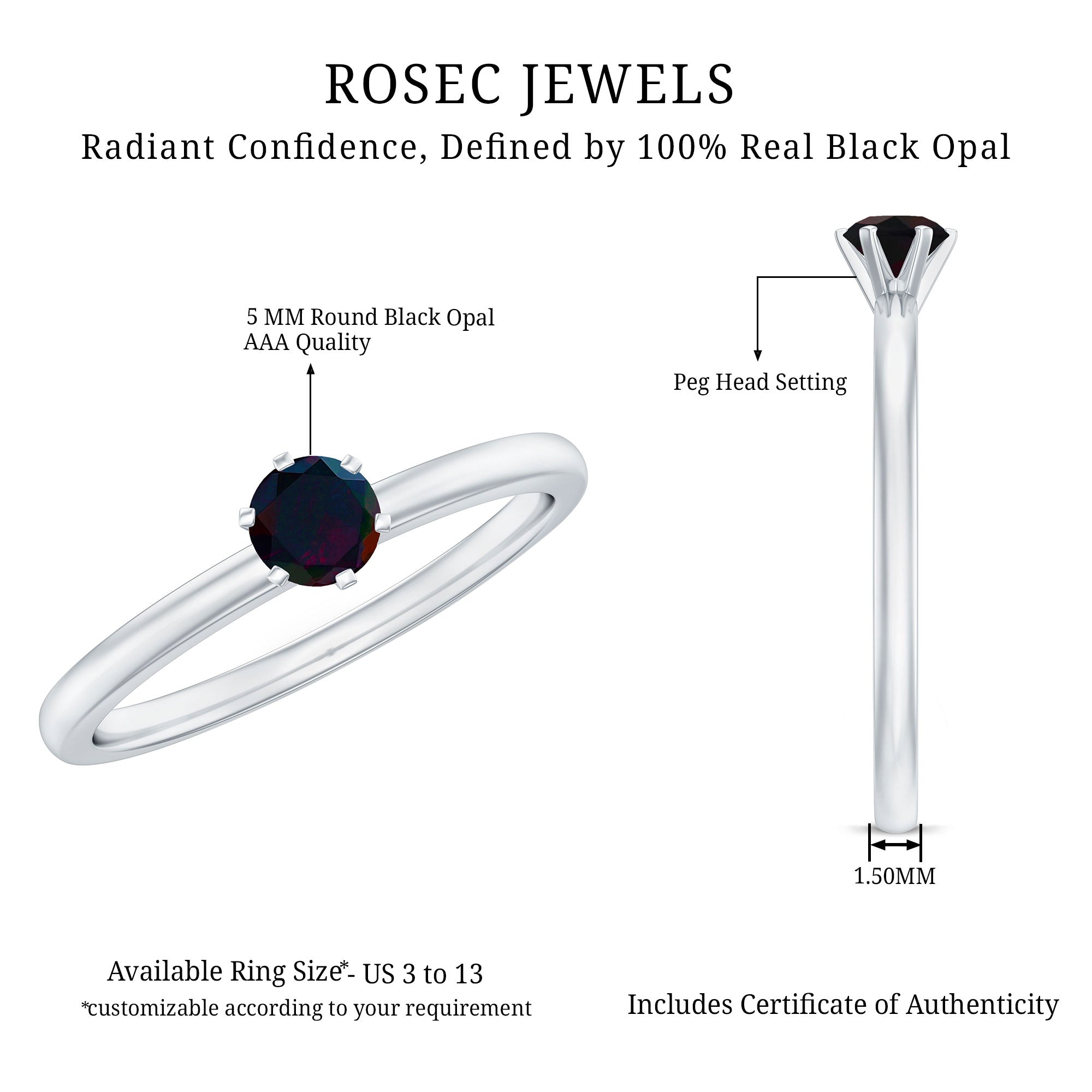 5MM Round Black Opal Solitaire Promise Ring AAA - Rosec Jewels