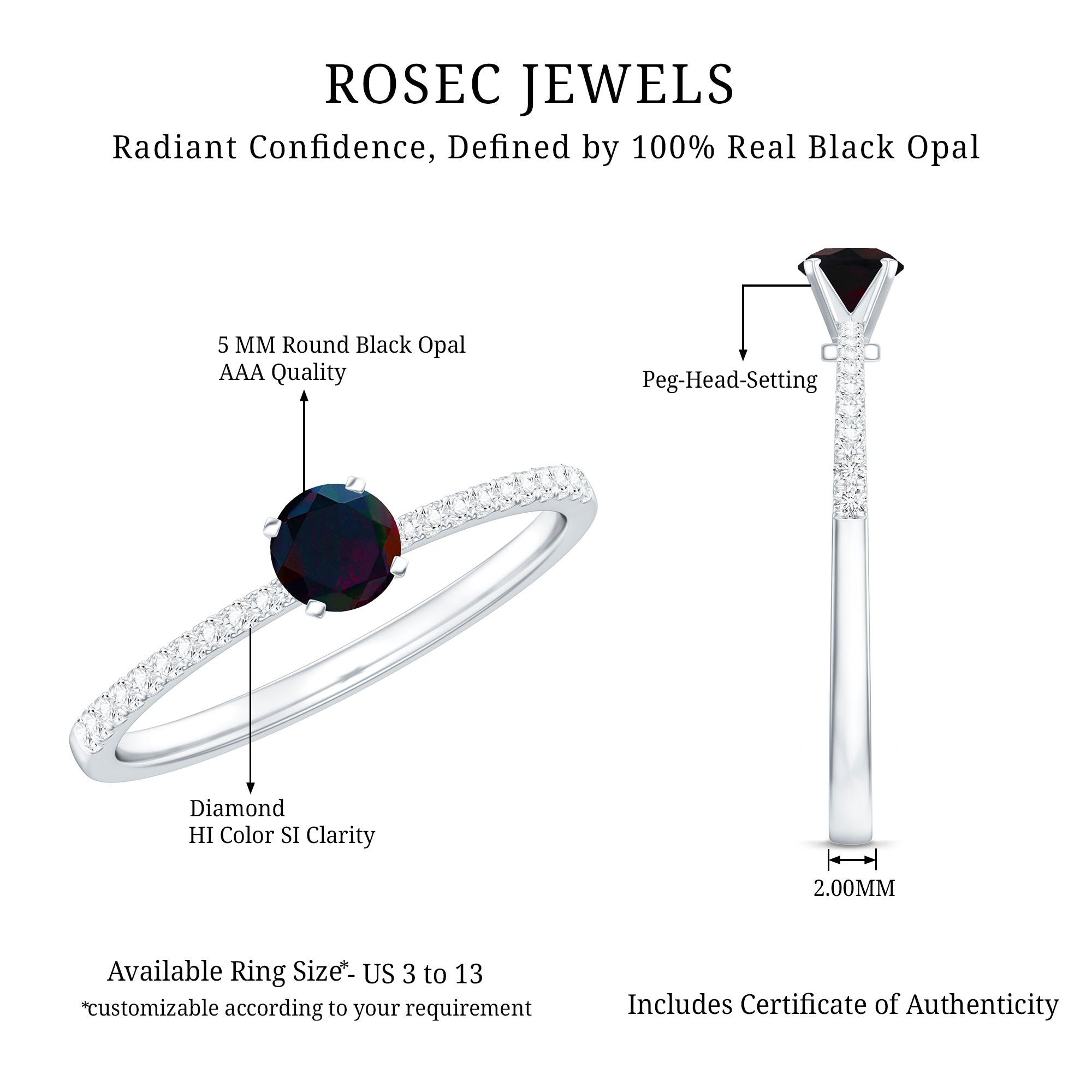 0.4 Carat Round Black Opal Solitaire Engagement Ring with Diamond AAA - Rosec Jewels