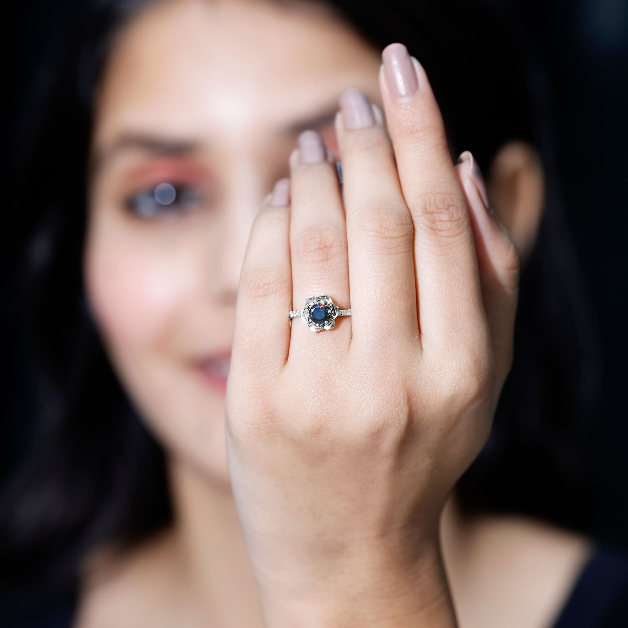 Real Black Opal and Diamond Flower Engagement Ring AAA - Rosec Jewels