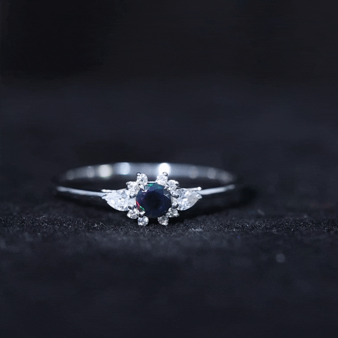 Claw Set Round Black Opal and Diamond Promise Ring AAA - Rosec Jewels