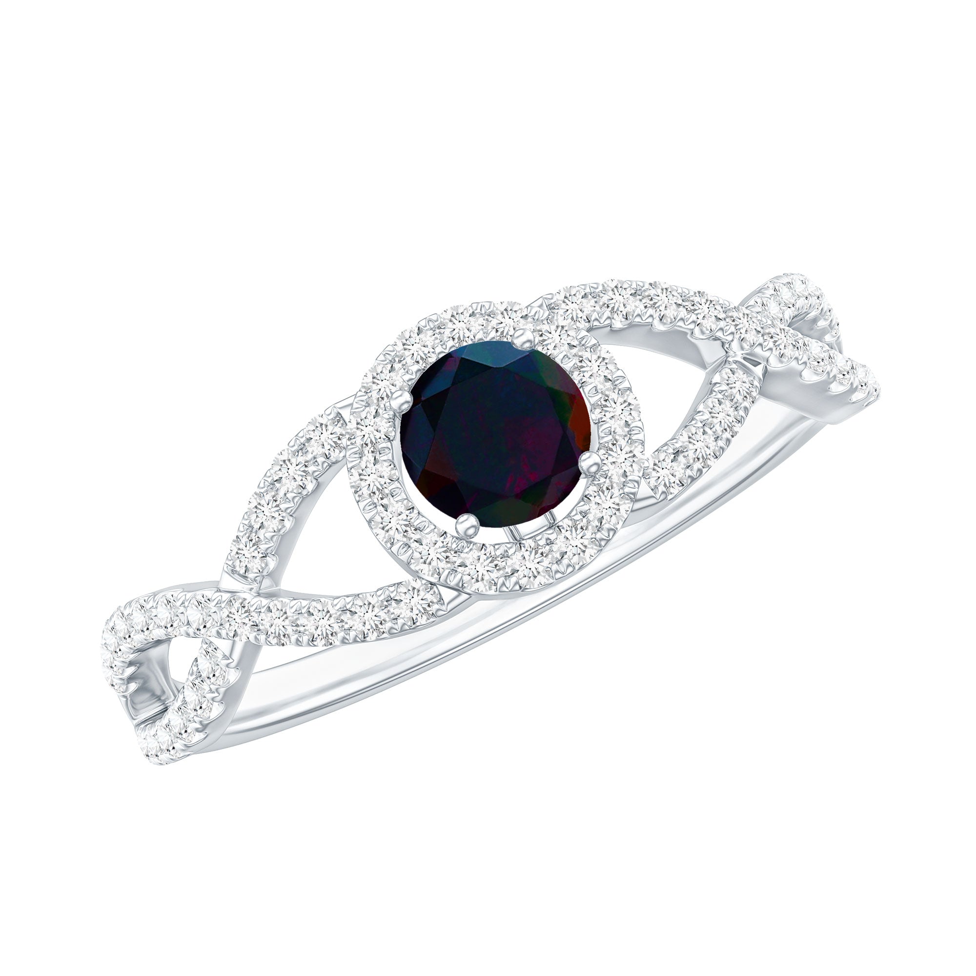 Natural Black Opal and Diamond Halo Engagement Ring AAA - Rosec Jewels
