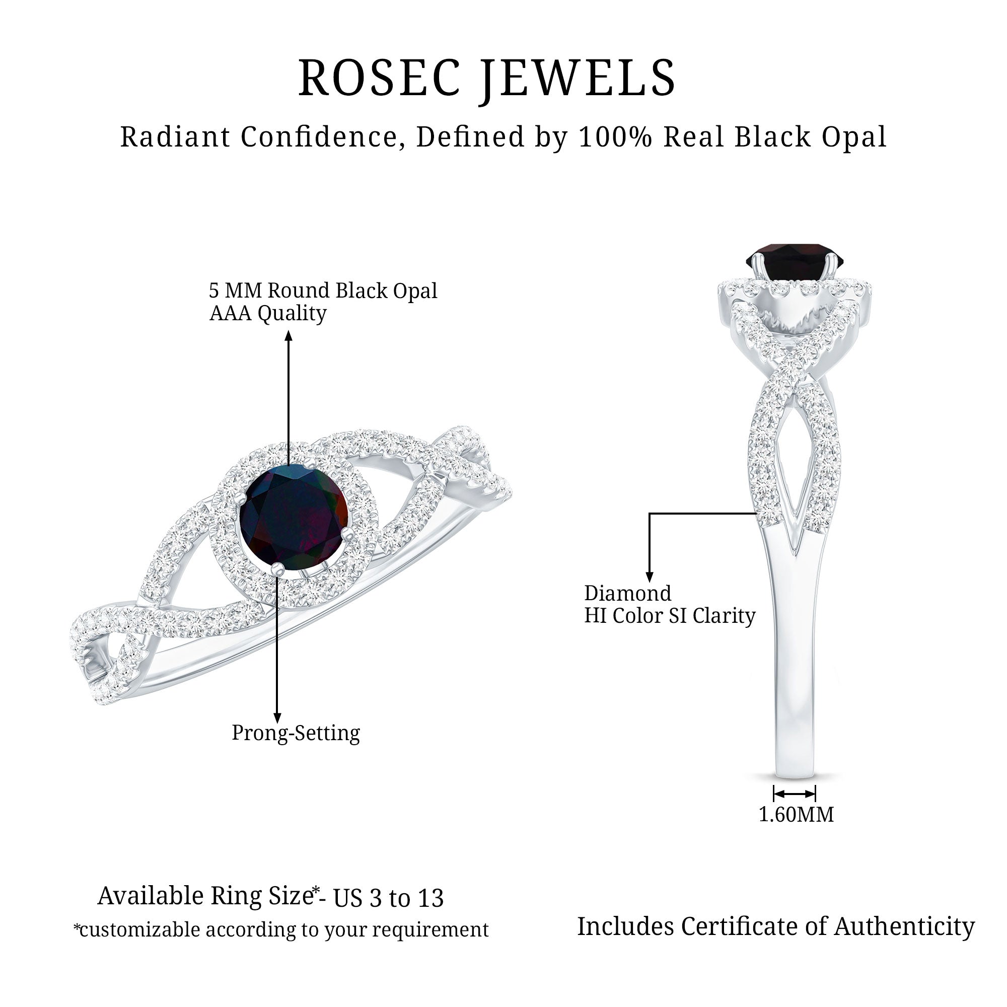 Natural Black Opal and Diamond Halo Engagement Ring AAA - Rosec Jewels
