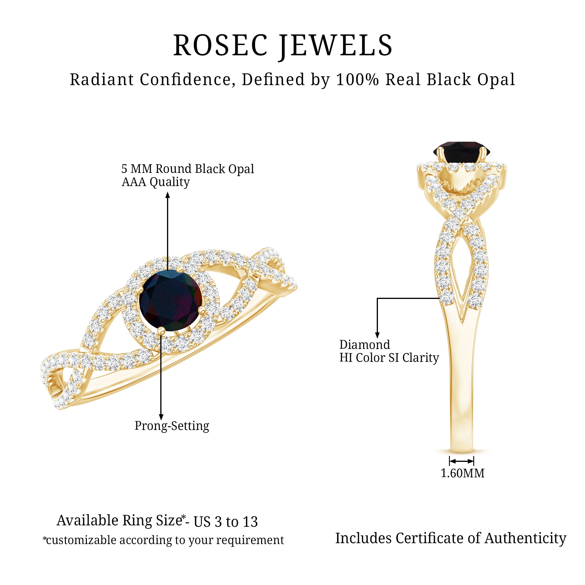 Natural Black Opal and Diamond Halo Engagement Ring AAA - Rosec Jewels