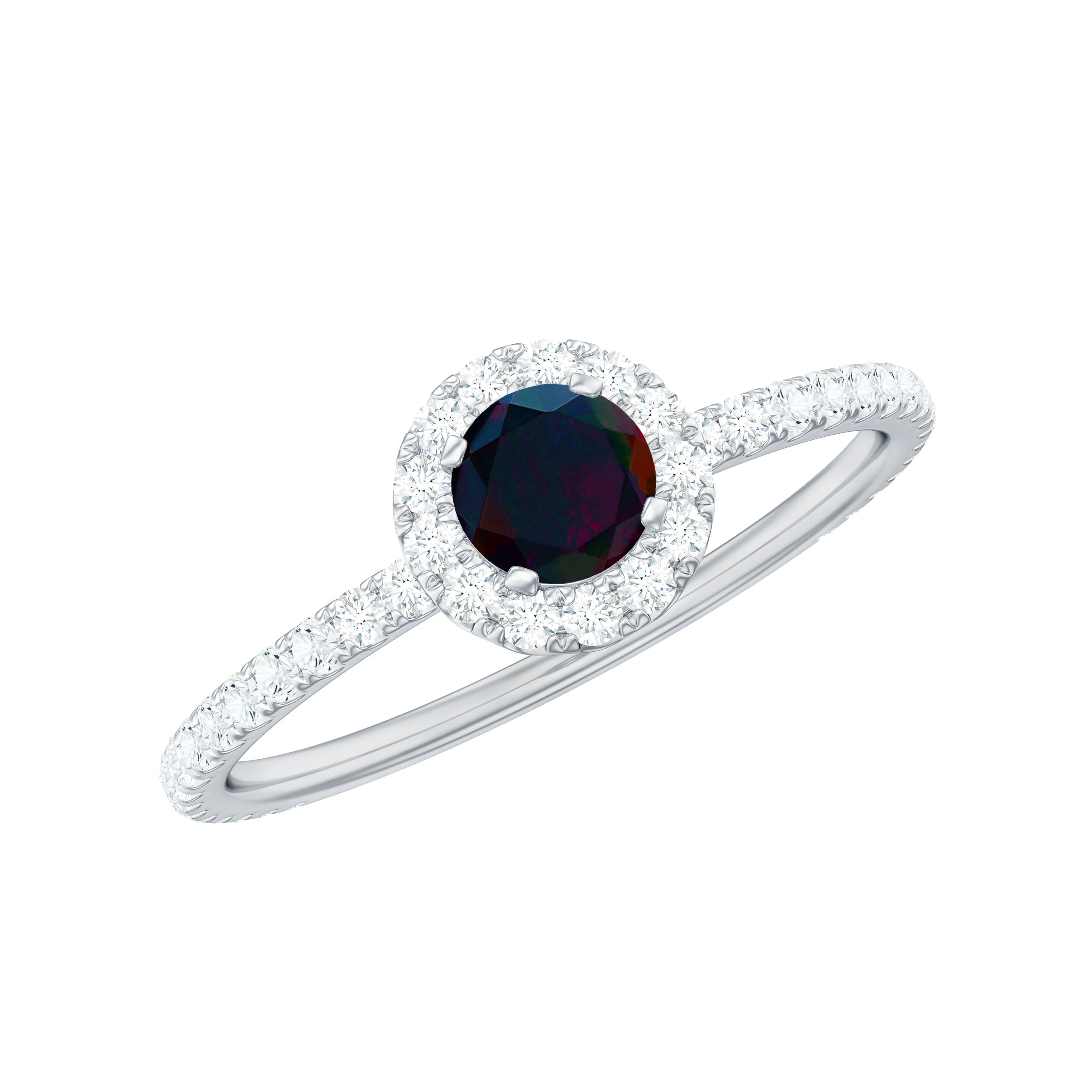 Genuine Black Opal Minimal Promise Ring with Diamond Halo