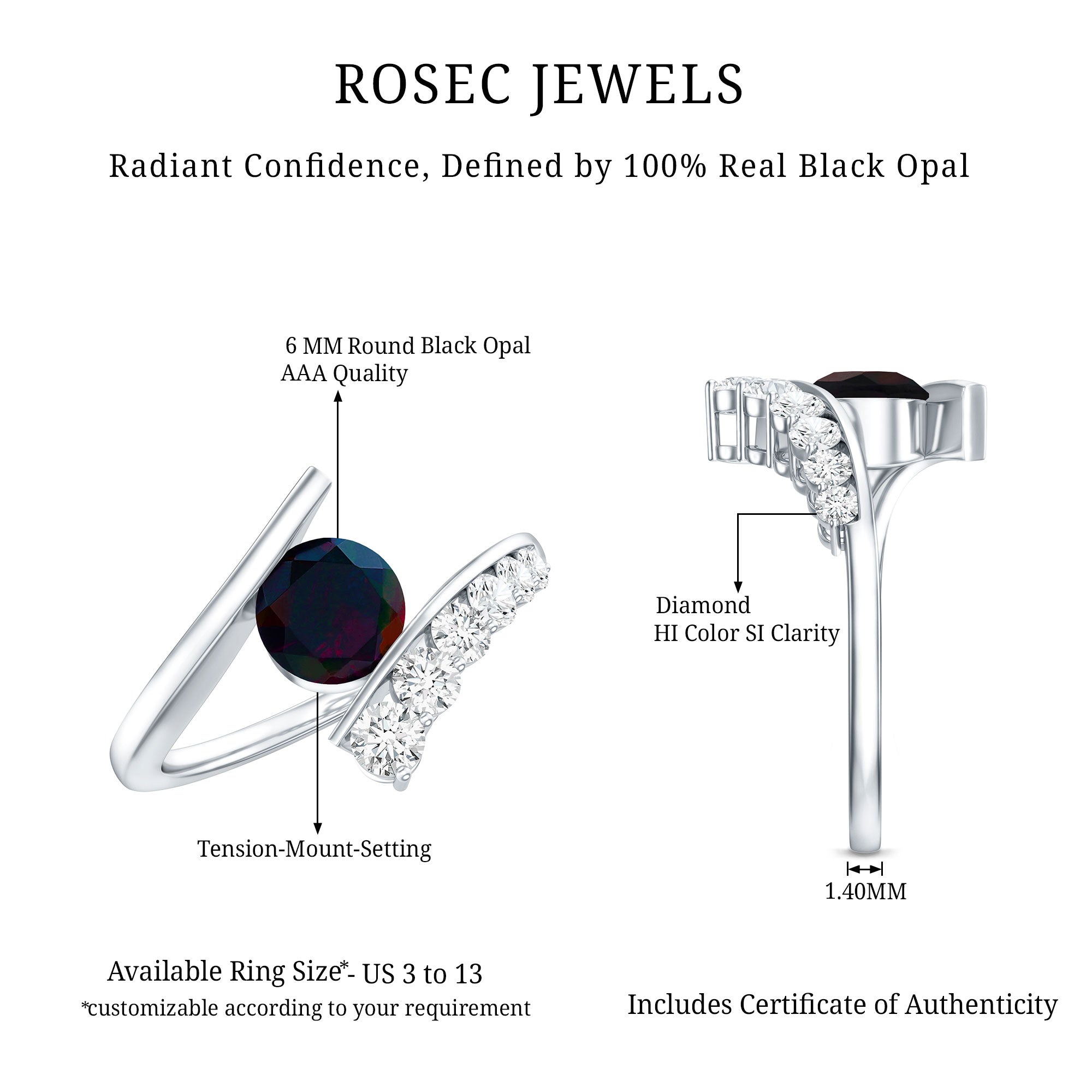 Round Black Opal Solitaire Bypass Ring with Diamond AAA - Rosec Jewels