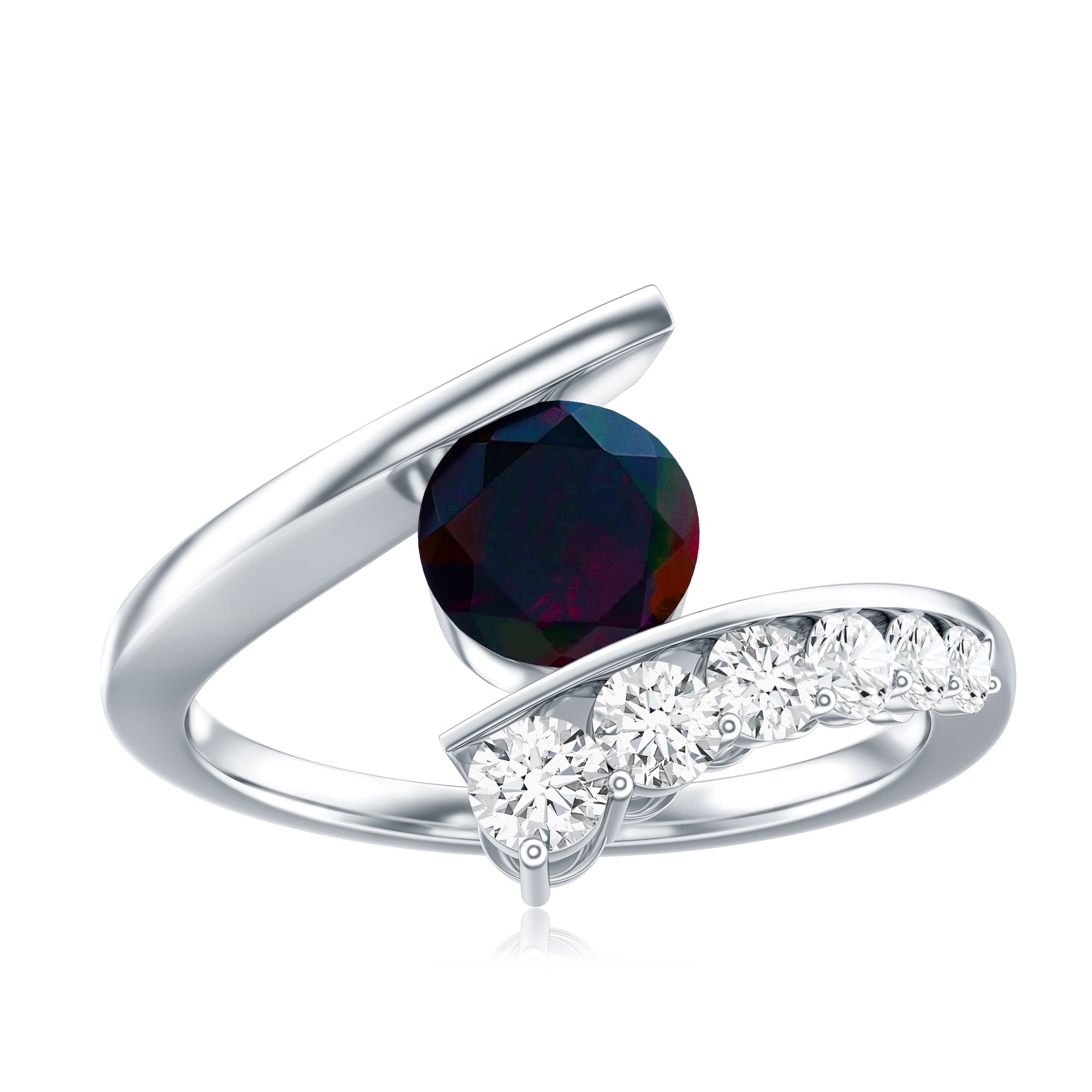 Round Black Opal Solitaire Bypass Ring with Diamond AAA - Rosec Jewels