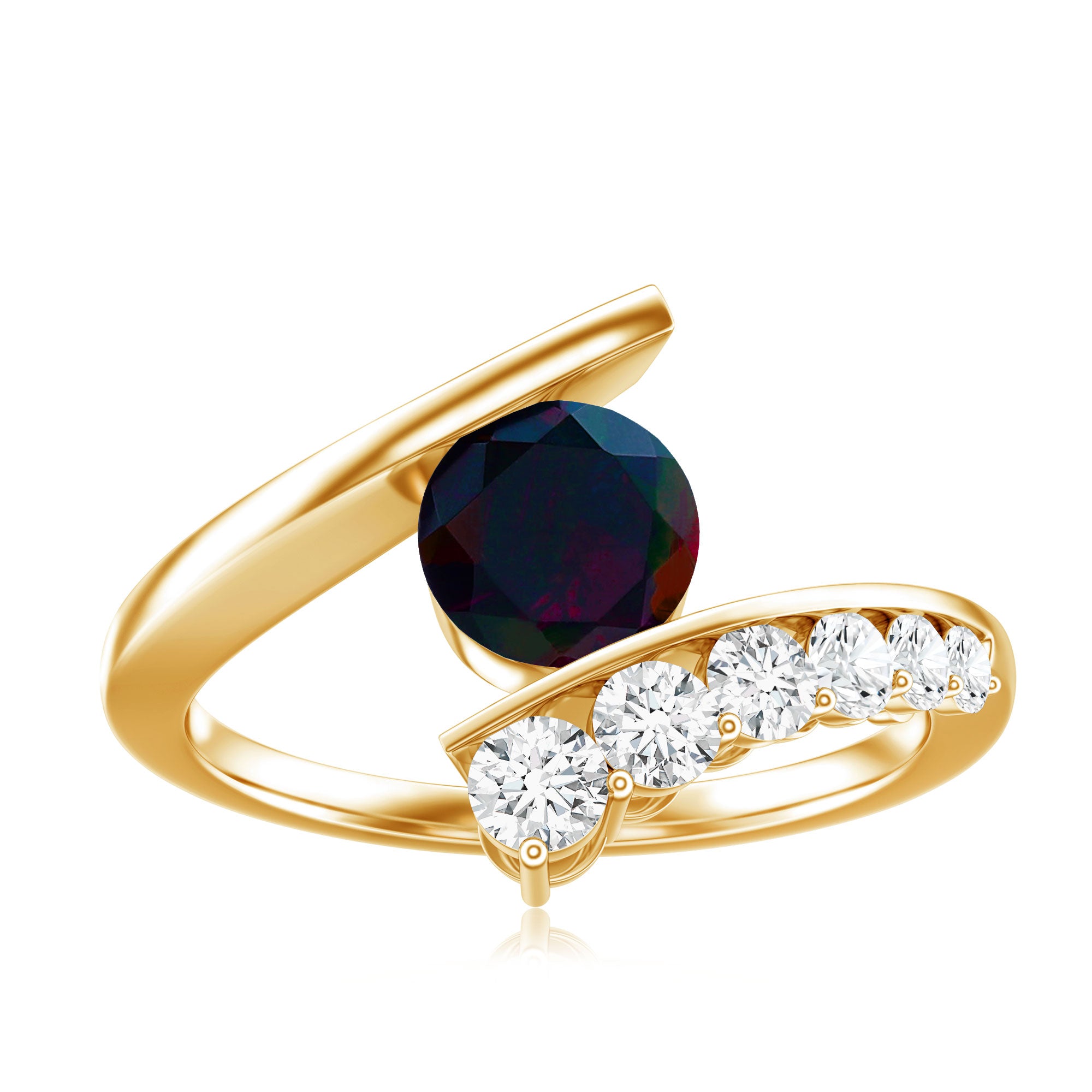 Round Black Opal Solitaire Bypass Ring with Diamond AAA - Rosec Jewels