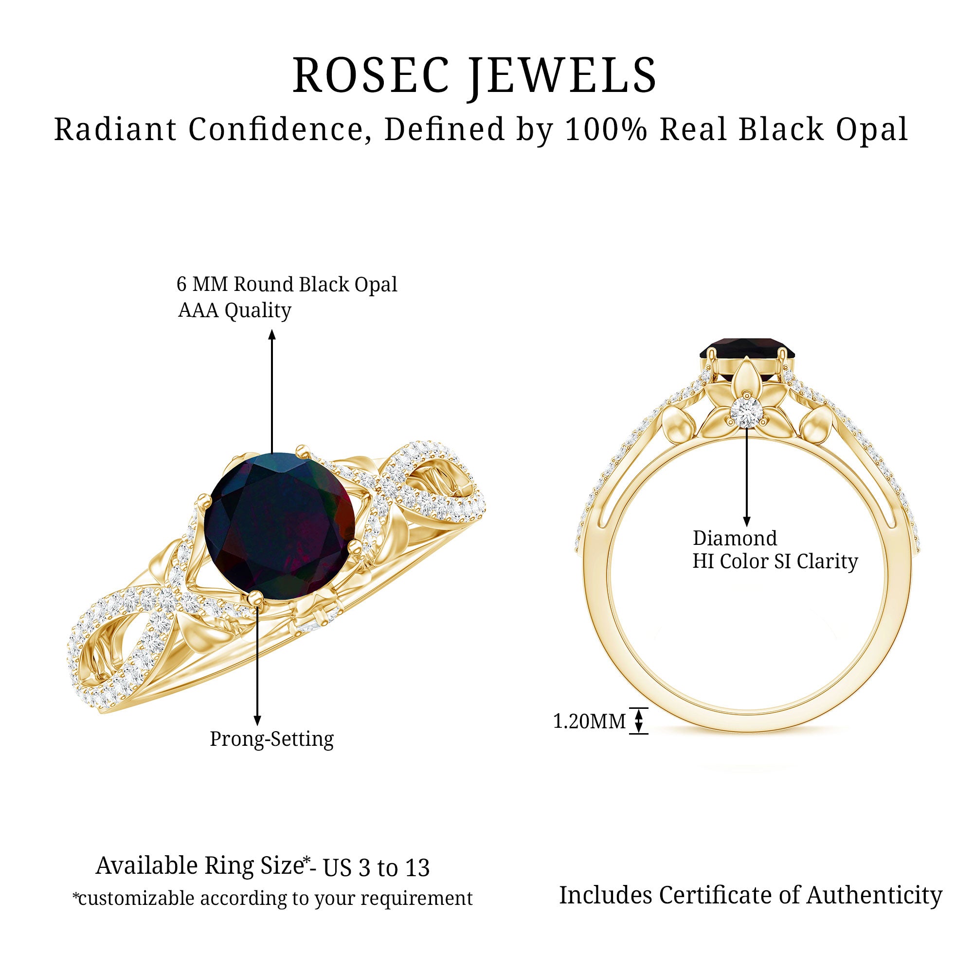 Natural Black Opal Crossover Engagement Ring with Diamond AAA - Rosec Jewels