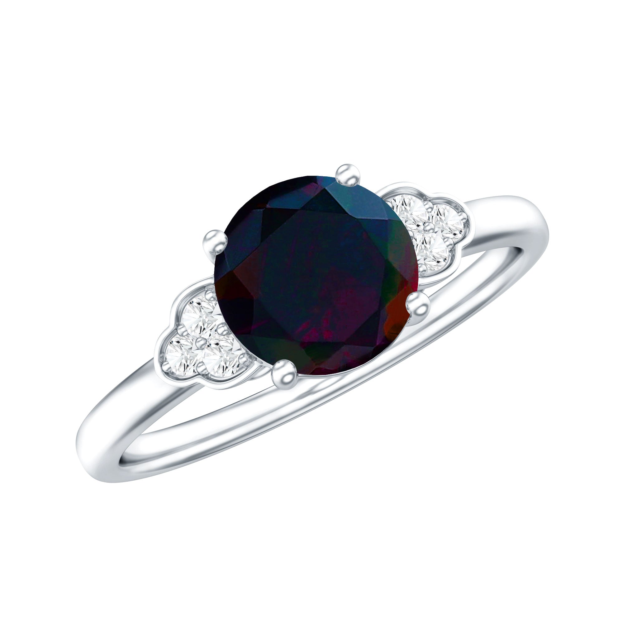 Real Black Opal Round Engagement Ring with Diamond Trio AAA - Rosec Jewels