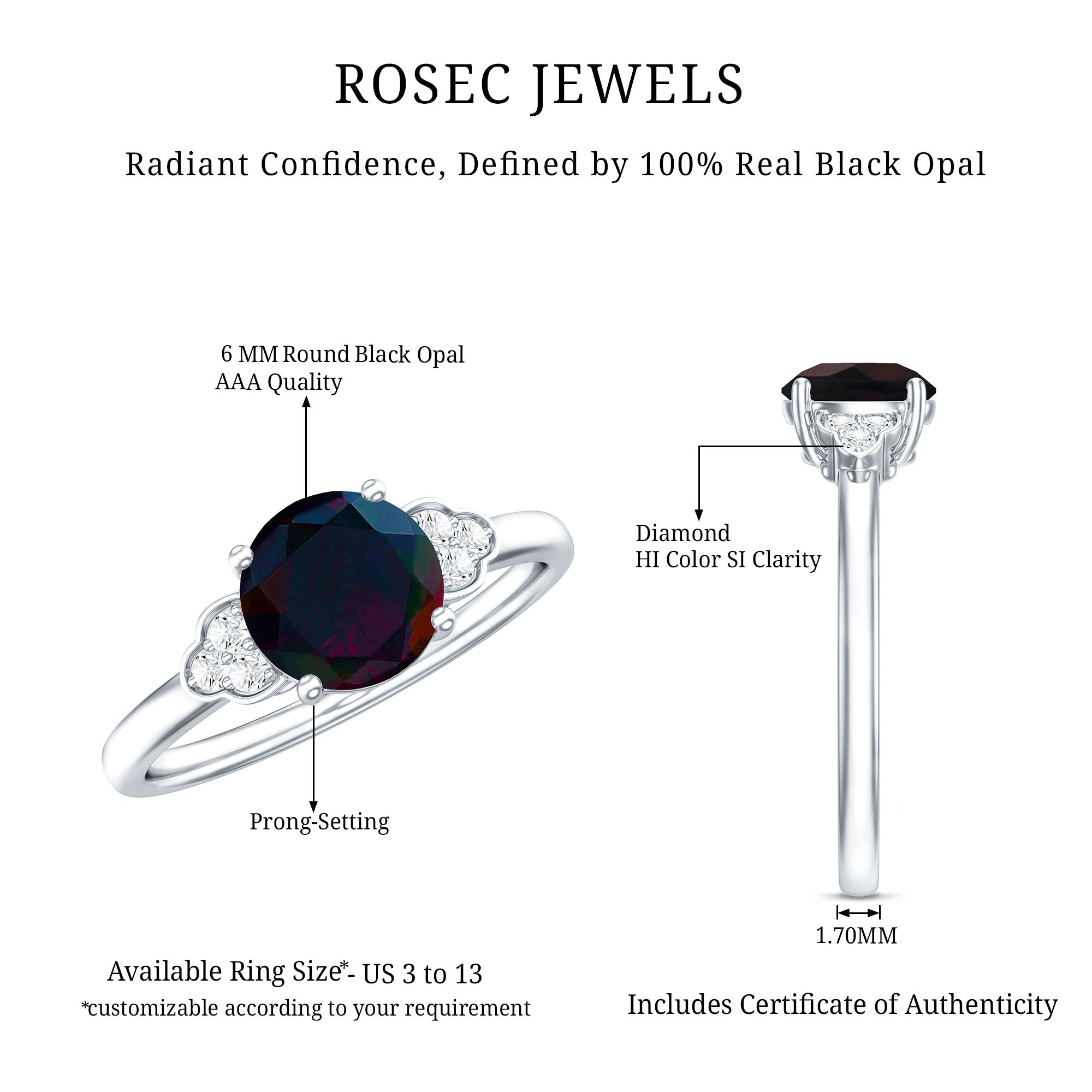 Real Black Opal Round Engagement Ring with Diamond Trio AAA - Rosec Jewels
